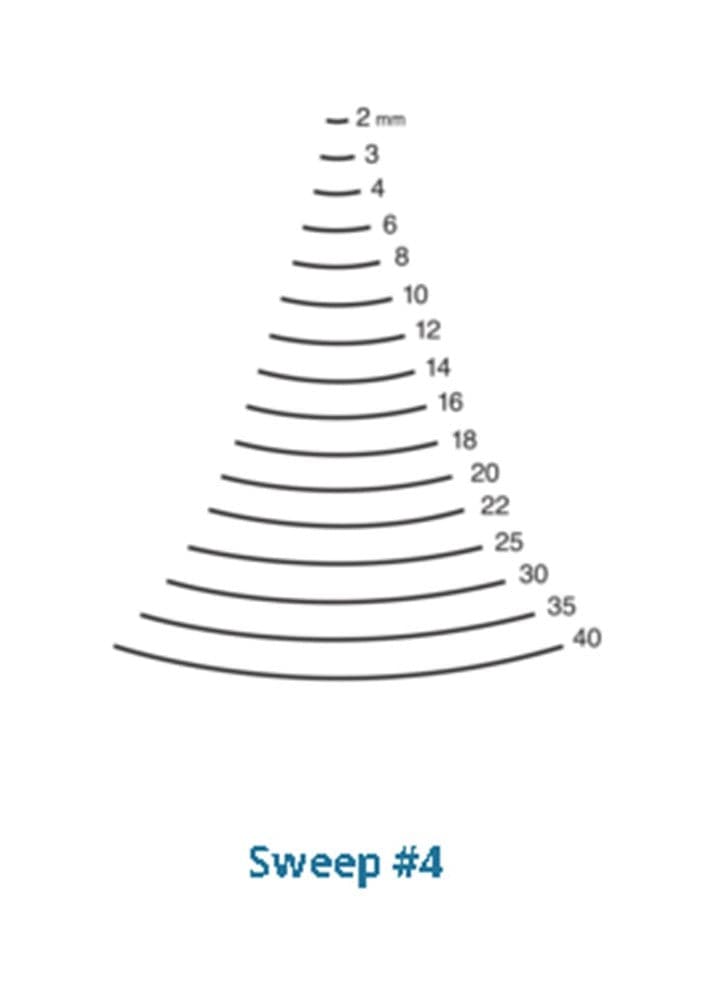 A diagram featuring a series of curved lines expanding outward, numerically labeled from 2mm to 40, evokes the precision of a ROB Two Cherries Gouge Sweep #4. Below, "Sweep #4" is inscribed, reminiscent of an octagonal hornbeam handle’s smooth craftsmanship.