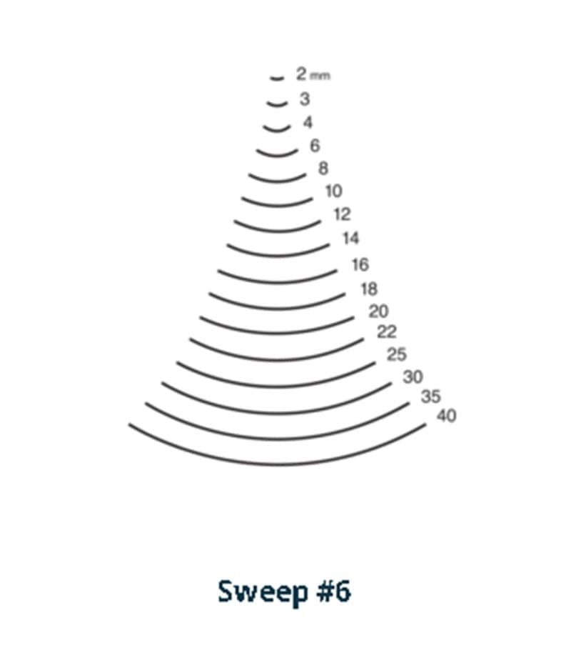 The illustration depicts concentric lines labeled with measurements from 2mm to 40, arranged in an expanding funnel shape. Below the image is the text "Sweep #6". Perfect for artisans, this design reflects the precision of a Two Cherries Gouge Sweep #6 from ROB, known for its dependable hornbeam handle.