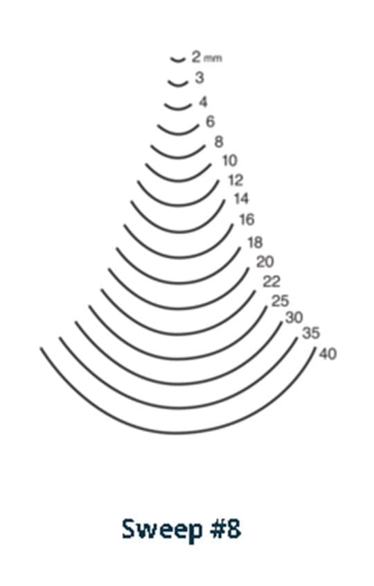 Description of concentric arcs labeled with measurements ranging from 2mm to 40mm, under the title "Two Cherries Gouge Sweep #8." It is ideal for honing carving chisel techniques and includes a hornbeam handle that mirrors the precision of ROB's Two Cherries #3108 tools.