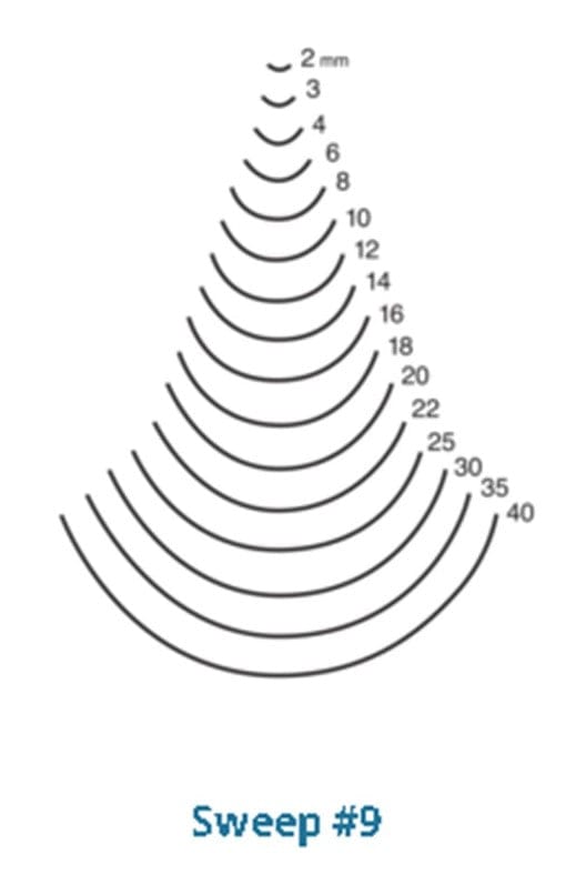 A depiction of concentric circles elegantly labeled with measurements ranging from 2 mm to 40, expanding downward, mirrors the meticulous precision of a carving chisel. The text beneath reads "Sweep #9," evoking the craftsmanship synonymous with an octagonal hornbeam handle or the ROB Two Cherries Gouge Sweep #9.