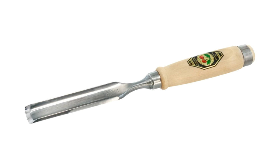 The ROB Two Cherries In-Cannel Gouge features a curved metal blade and light wooden handle, perfect for paring concave surfaces, shown against a white background.