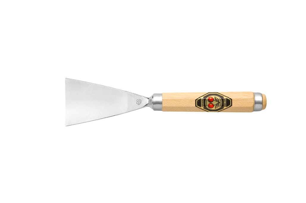 The ROB Two Cherries Swiss Pattern Fish Tail Gouge features a wide, flat blade and an octagonal hornbeam handle with a decorative label, shown against a white background.