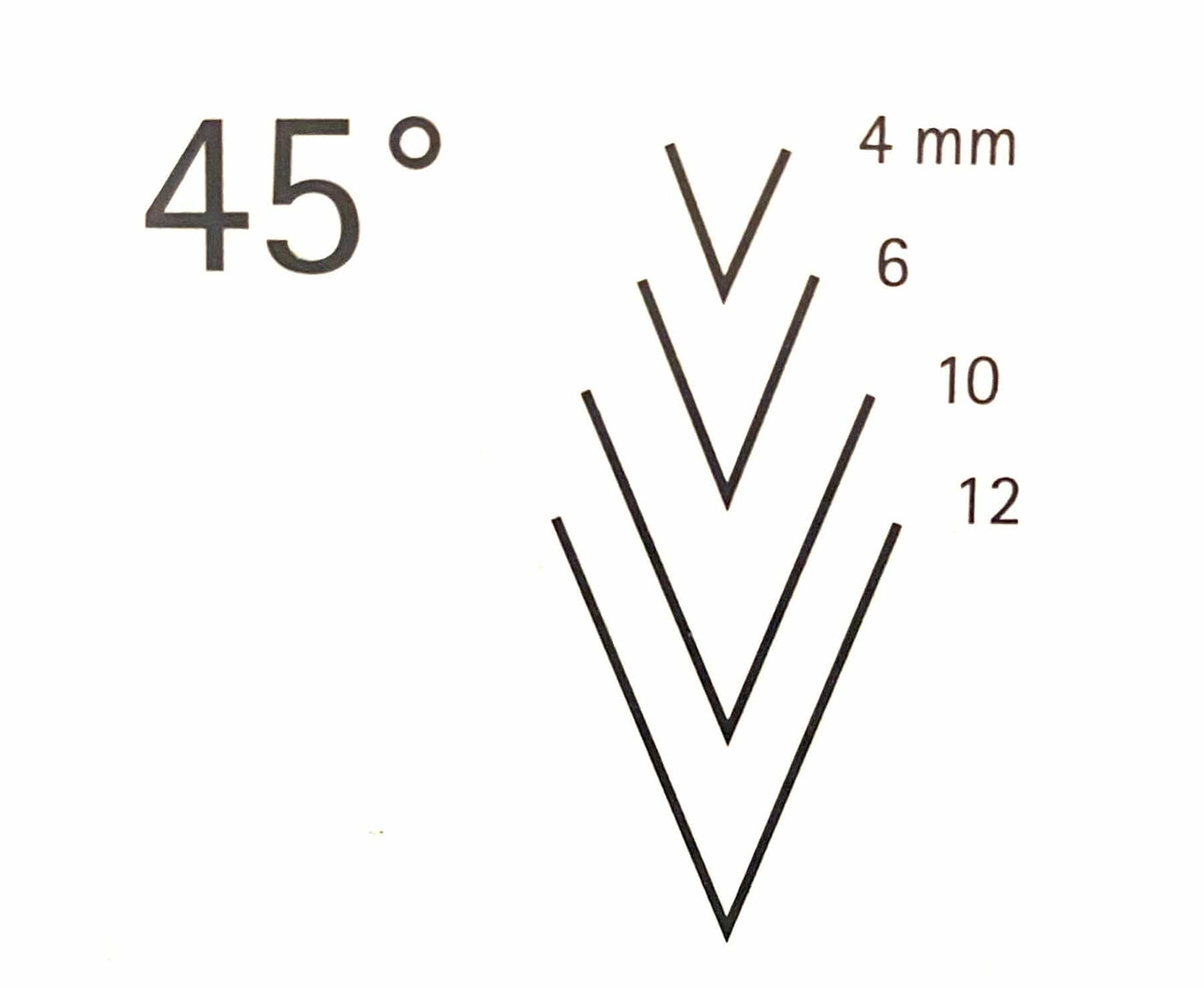 Diagram shows a 45-degree angle with five V-shaped lines labeled 4 mm, 6 mm, 10 mm, and 12 mm—ideal for choosing the right width of the ROB Two Cherries V-Tool 45D carving chisel.