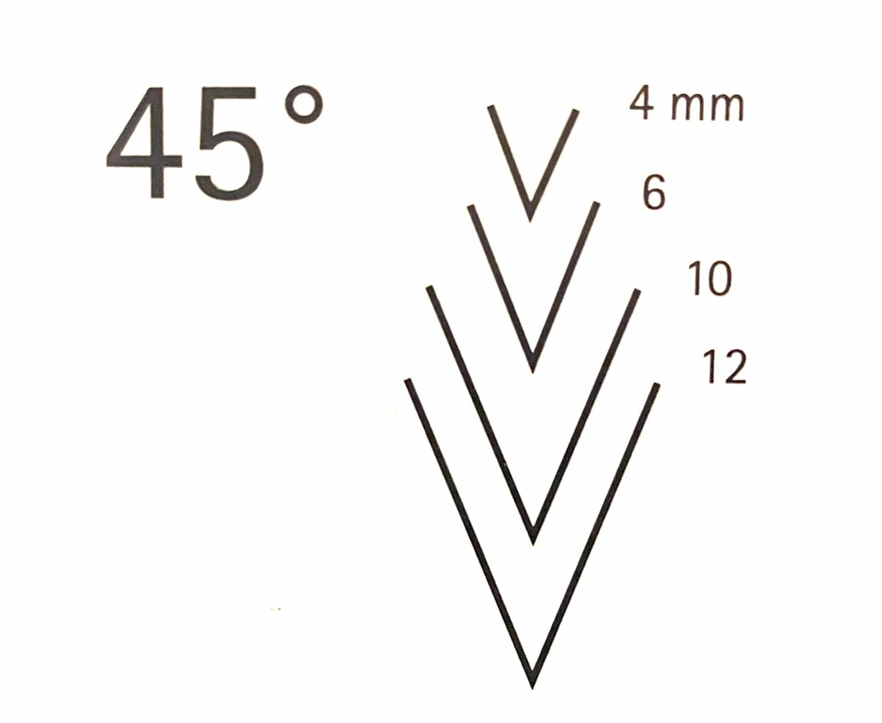 Diagram shows a 45-degree angle with five V-shaped lines labeled 4 mm, 6 mm, 10 mm, and 12 mm—ideal for choosing the right width of the ROB Two Cherries V-Tool 45D carving chisel.