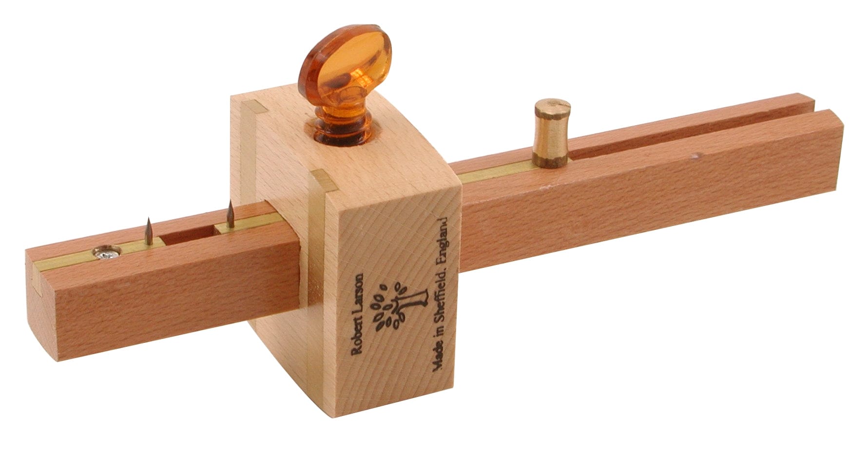 The ROB Beechwood Cutting Marking Gauge with a metal pin and brass fittings features an adjustable slide and knob.