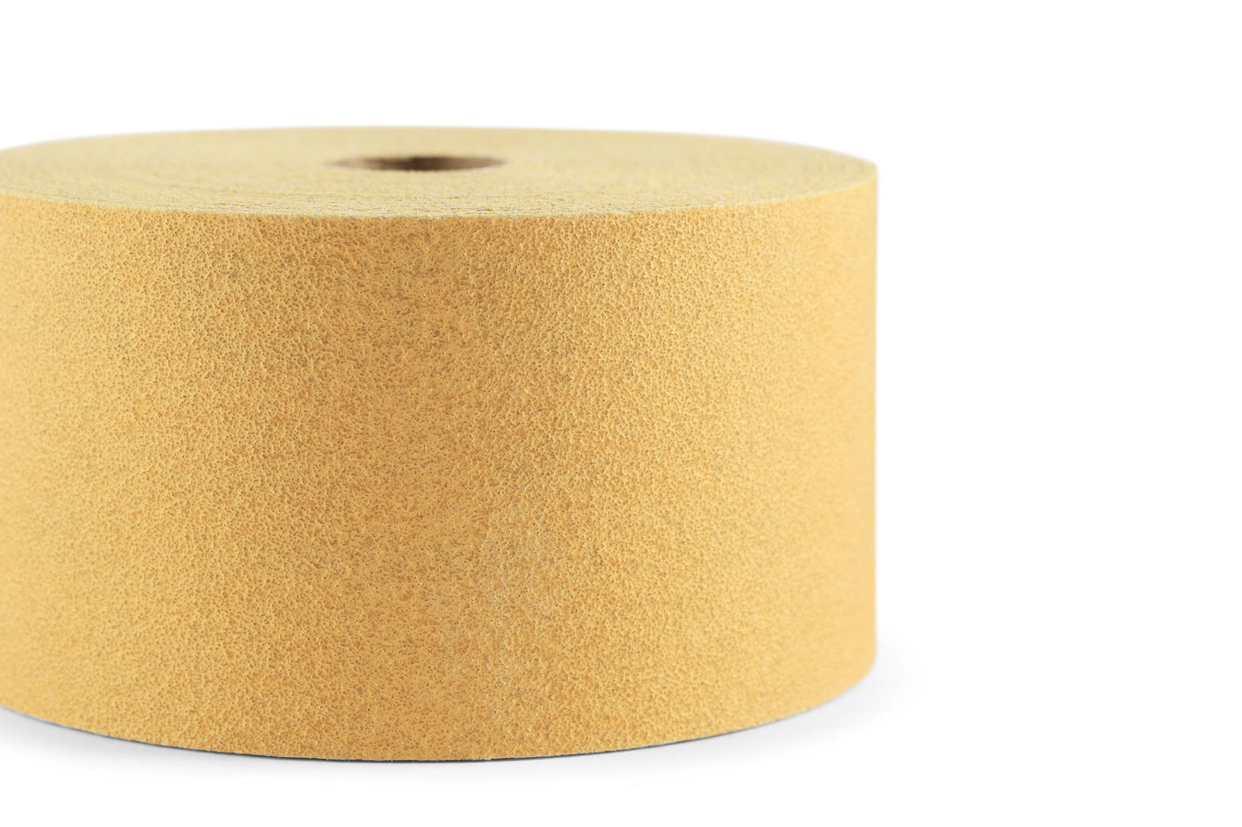 The Saint-Gobain Abrasives Norton Gold Sticky Back Sandpaper, shown as a large industrial roll against a white background, is ideal for woodworking tools, ensuring efficiency and precision.