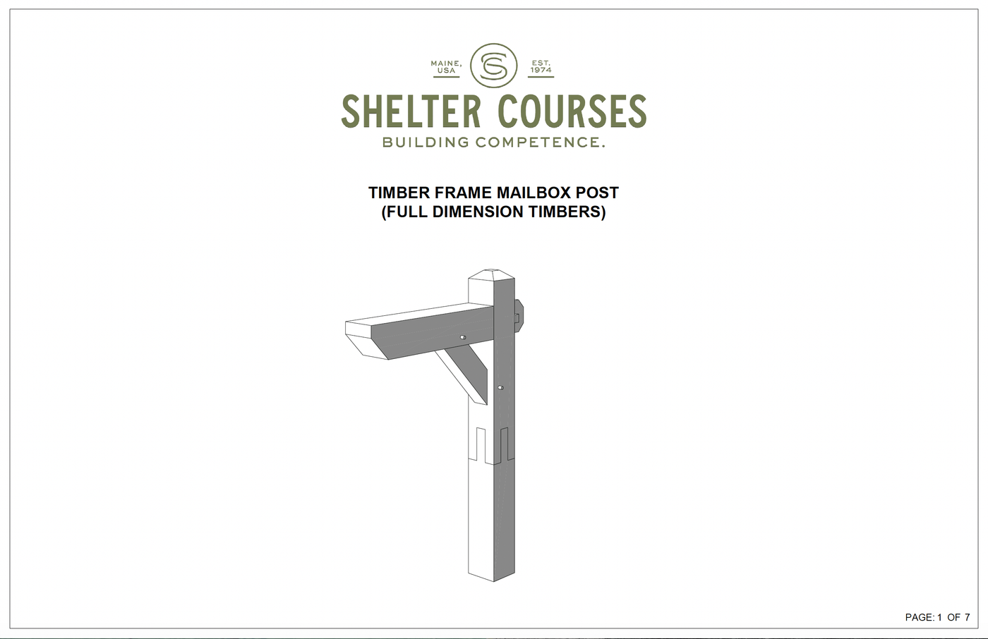 Diagram of The Mailbox Post: Timber Frame Plan & Cut Sheet Package by Shelter Institute, showing full-dimension timbers, classic joinery, vertical post, angled support, and horizontal arm. "Shelter Courses: Building Competence" appears above the illustration.