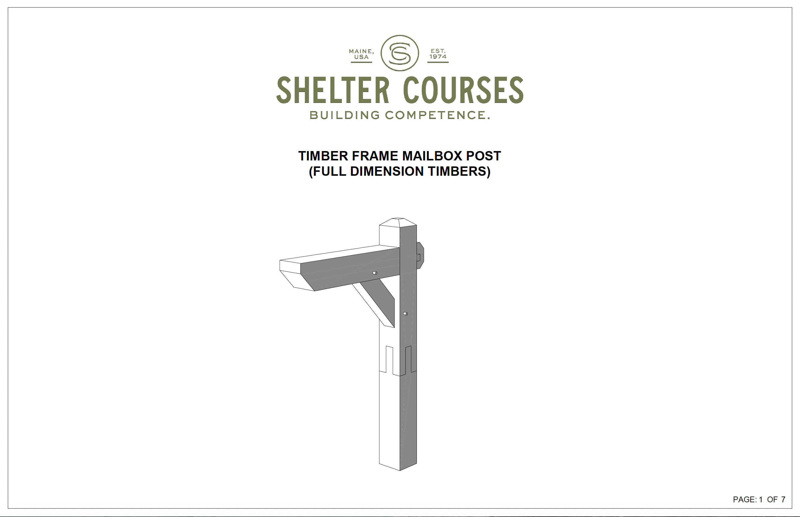 Diagram of The Mailbox Post: Timber Frame Plan & Cut Sheet Package by Shelter Institute, showing full-dimension timbers, classic joinery, vertical post, angled support, and horizontal arm. "Shelter Courses: Building Competence" appears above the illustration.