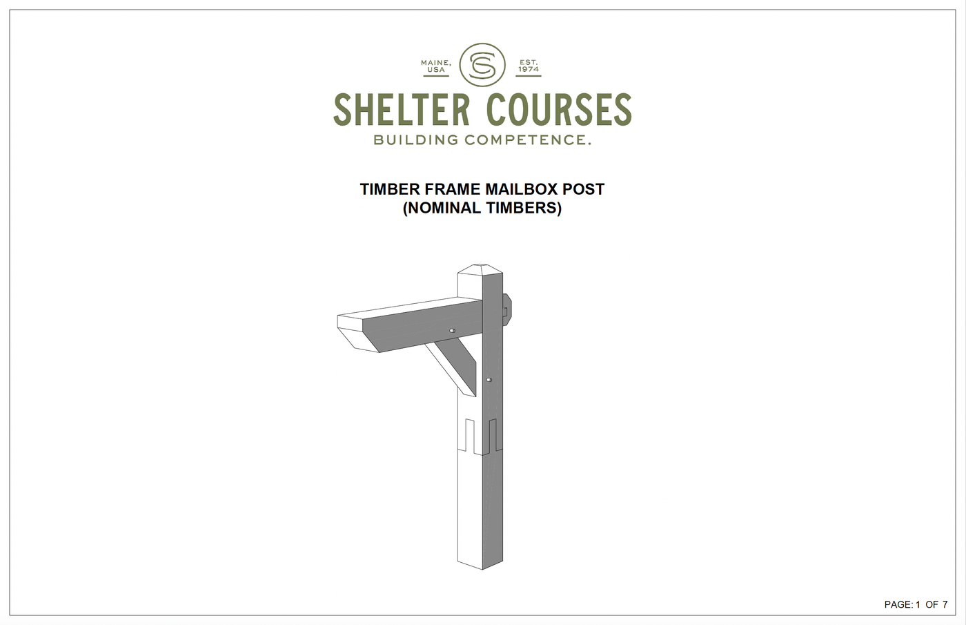 Shelter Institute logo above a 3D timber frame mailbox post with diagonal brace, showcasing timber joinery. Text reads "The Mailbox Post: Timber Frame Plan & Cut Sheet Package" on a white background.