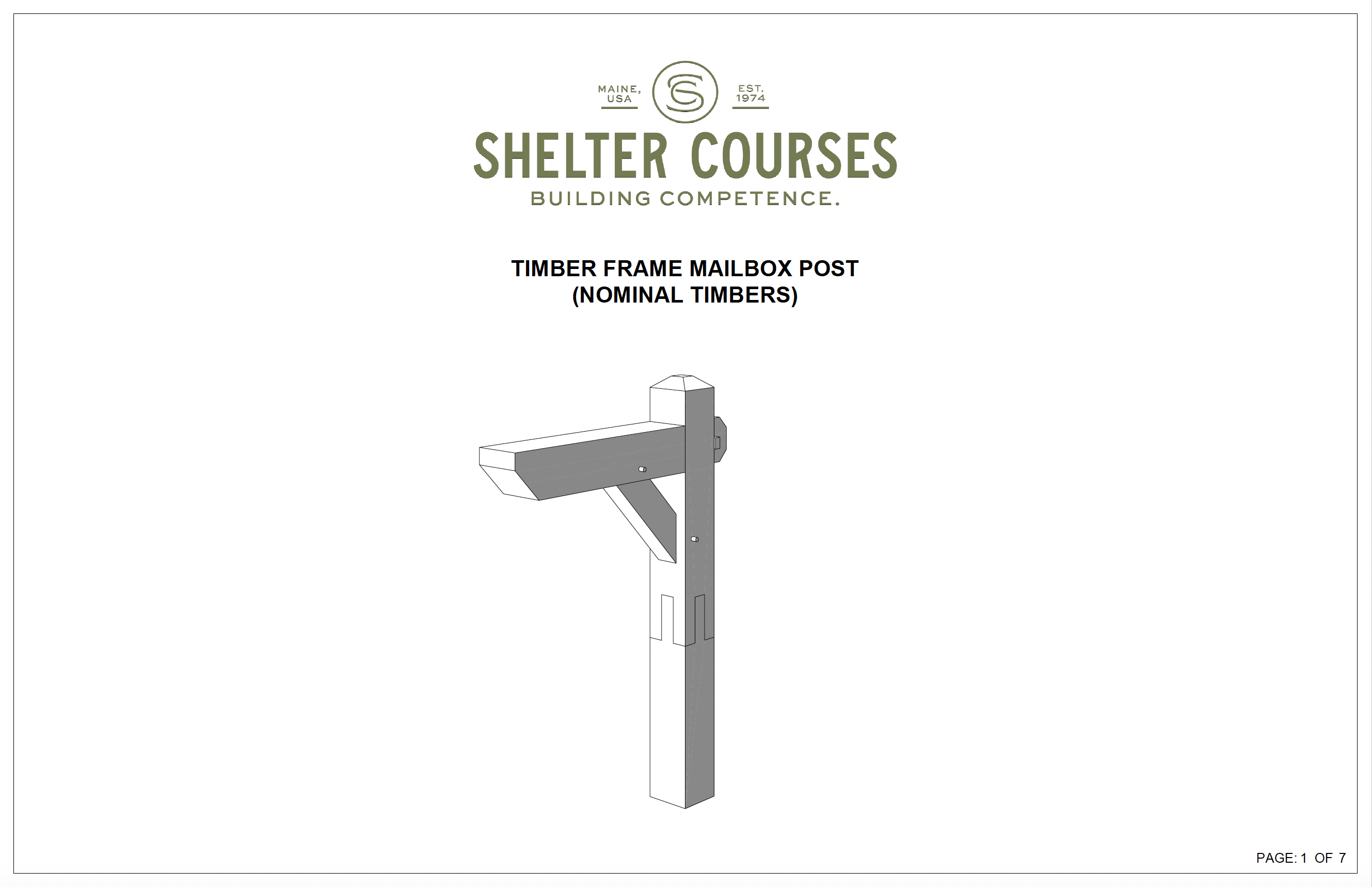 Shelter Institute logo above a 3D timber frame mailbox post with diagonal brace, showcasing timber joinery. Text reads "The Mailbox Post: Timber Frame Plan & Cut Sheet Package" on a white background.