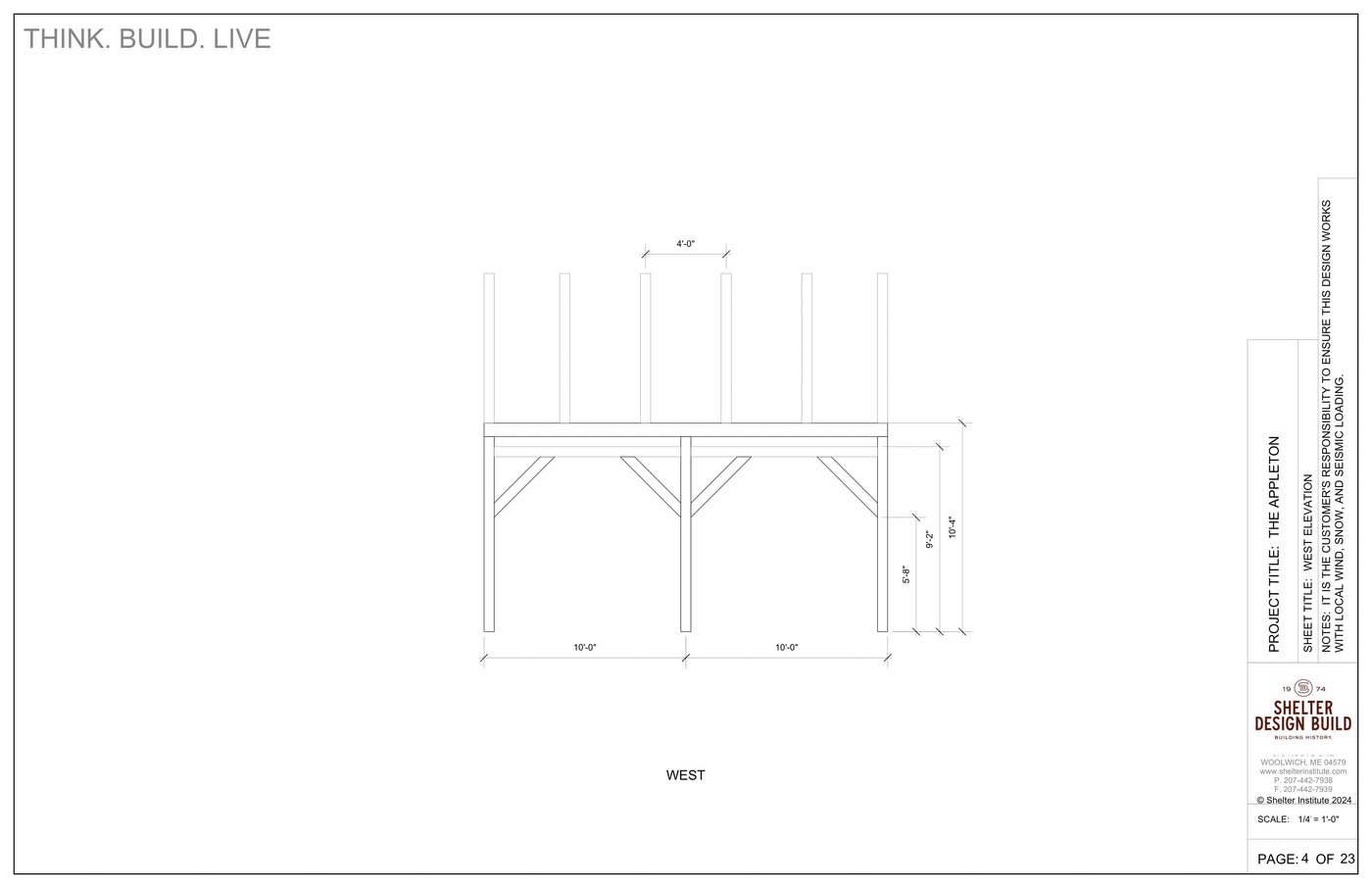 A technical drawing labeled West displays a side view of The Appleton 14x20 by Shelter Institute, a compact timber frame cabin with support beams and posts, plus dimensions and construction notes from the Plan & Cut Sheet Package.