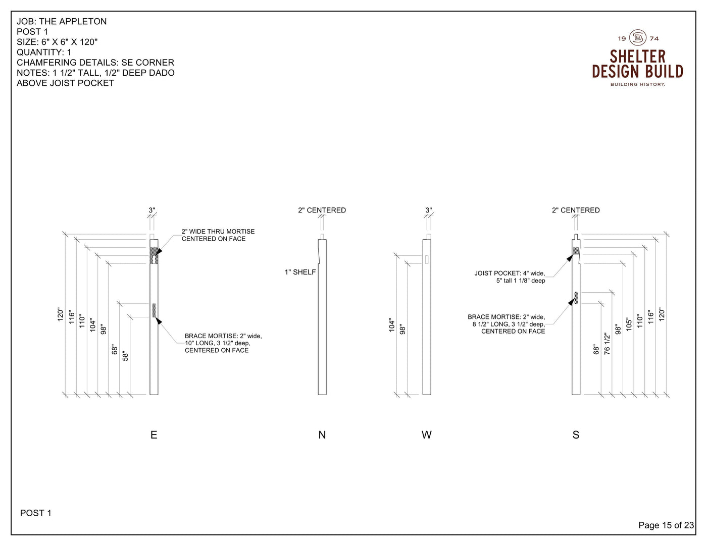 Shelter Institute’s The Appleton 14x20: Timber Frame Plan & Cut Sheet Package includes architectural drawings with North, East, and South elevations showing labeled mortise locations for 6x6x12 posts, plus bracket and joist pocket details.