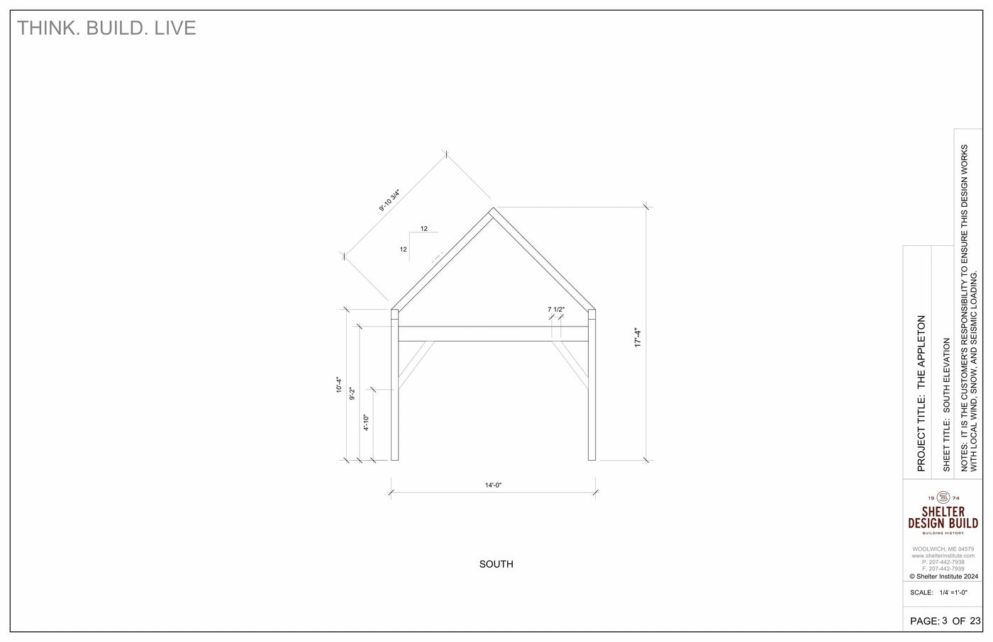 South elevation architectural drawing of The Appleton 14x20: Timber Frame Plan & Cut Sheet Package by Shelter Institute, showing a simple gabled garage with pitched roof, open sides, dimensions labeled, and project info in the right-side title block.