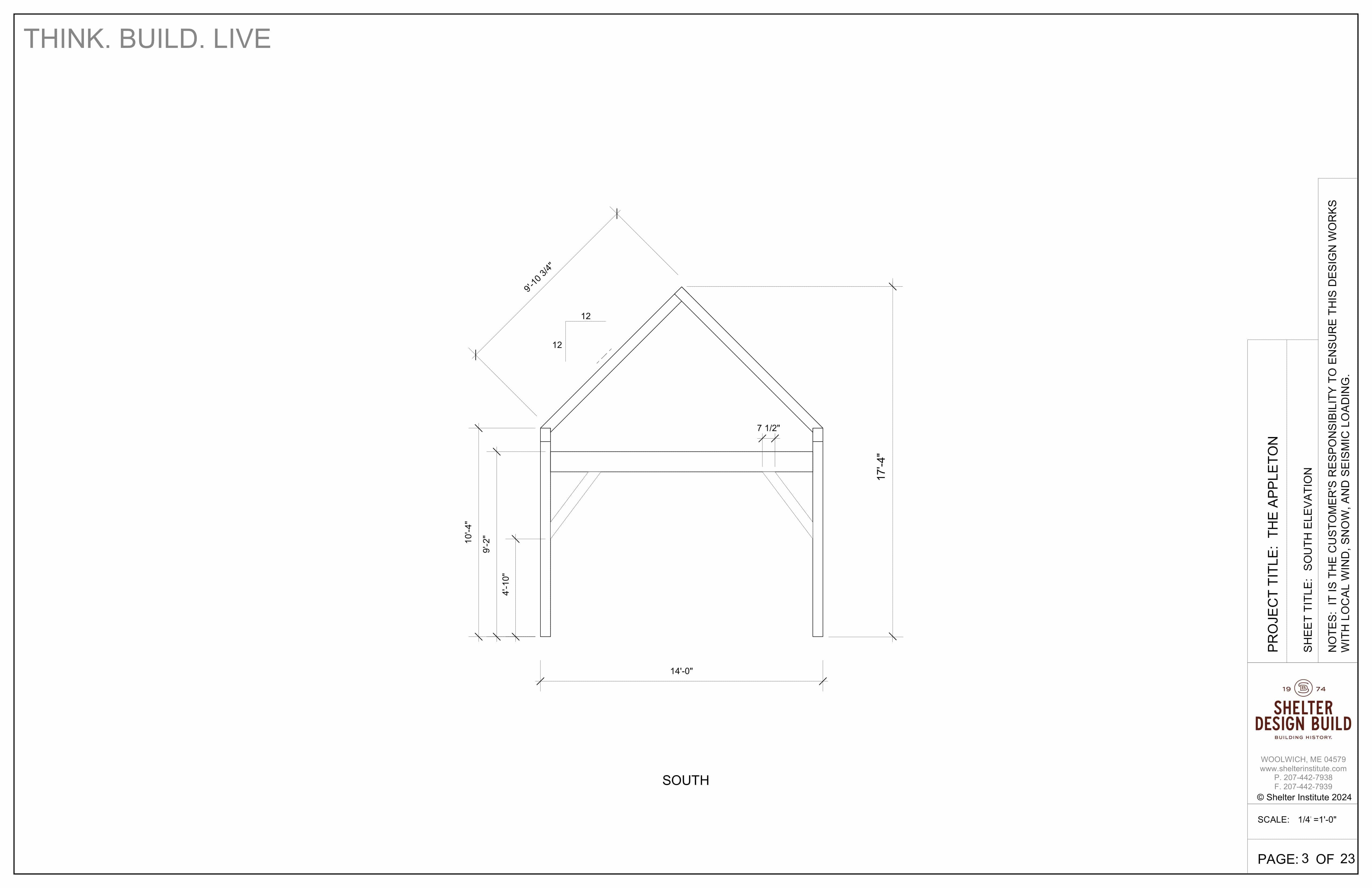 South elevation architectural drawing of The Appleton 14x20: Timber Frame Plan & Cut Sheet Package by Shelter Institute, showing a simple gabled garage with pitched roof, open sides, dimensions labeled, and project info in the right-side title block.