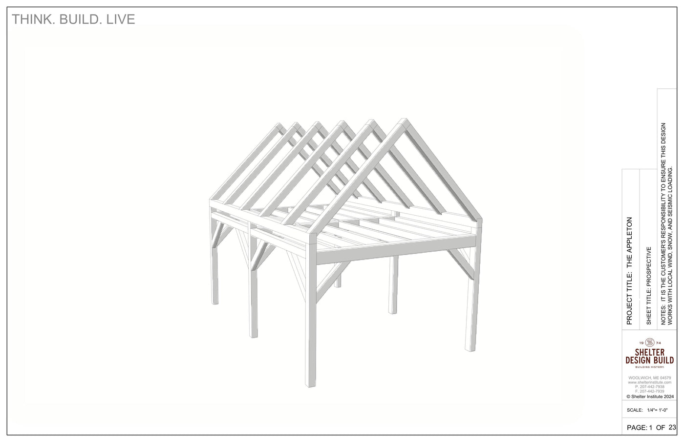 3D architectural drawing of The Appleton 14x20: Timber Frame Plan & Cut Sheet Package by Shelter Institute, featuring six gabled roof trusses and an elevated rectangular platform—ideal for a 14x20 garage. "PROJECT TITLE: THE APPLETON" is labeled on the right side.
