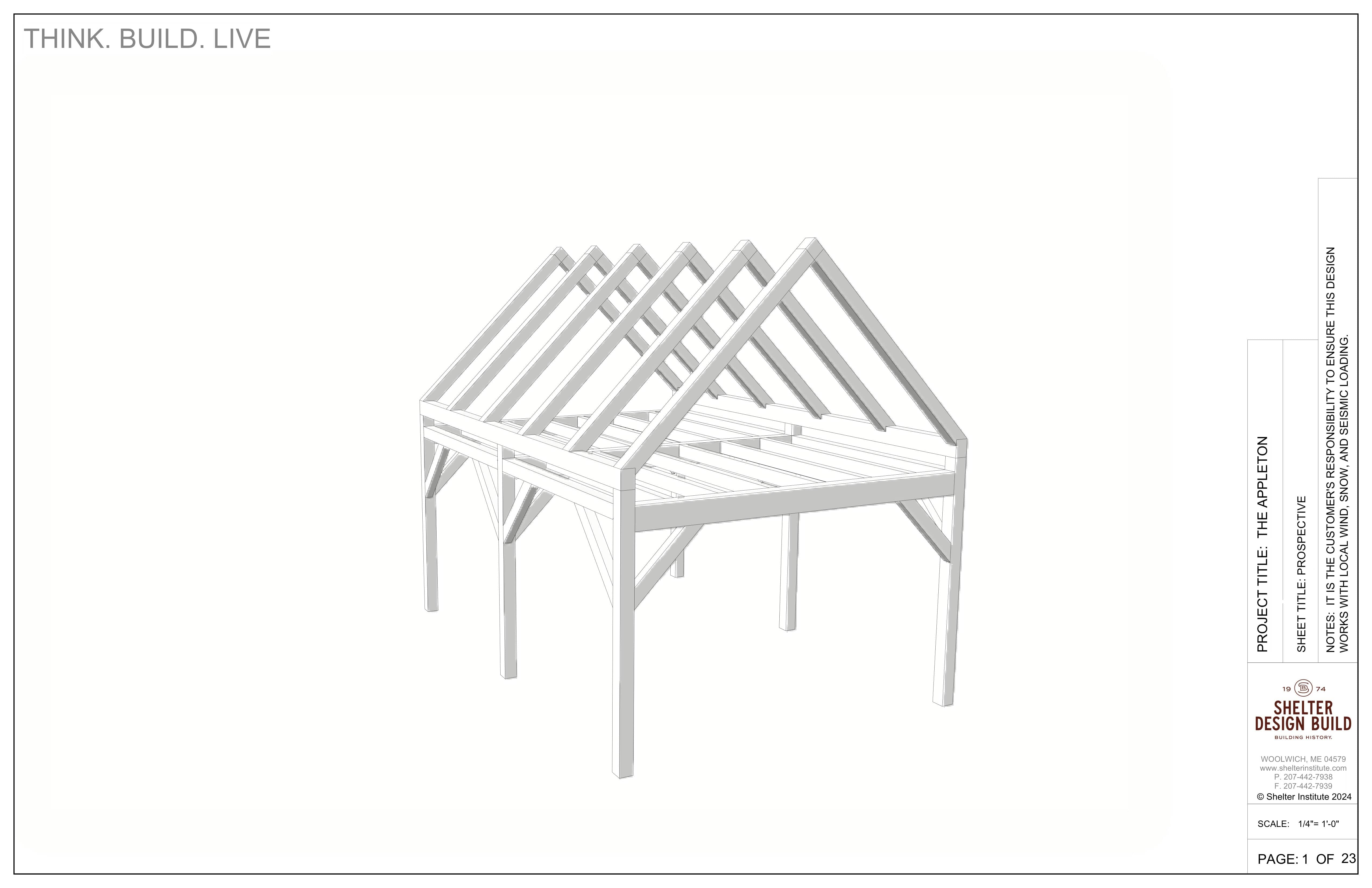 3D architectural drawing of The Appleton 14x20: Timber Frame Plan & Cut Sheet Package by Shelter Institute, featuring six gabled roof trusses and an elevated rectangular platform—ideal for a 14x20 garage. "PROJECT TITLE: THE APPLETON" is labeled on the right side.
