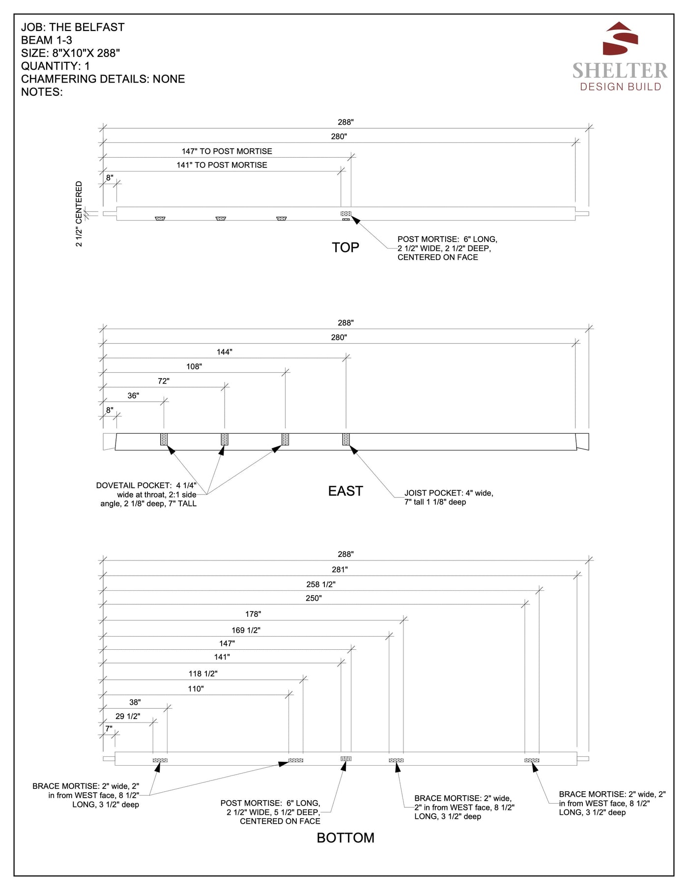 The "The Belfast" project blueprint features the Shelter Institute's Timber Frame Cut Sheet Package 24x36 with 5-Foot Kneewall, offering detailed measurements and notes for timber frame construction.