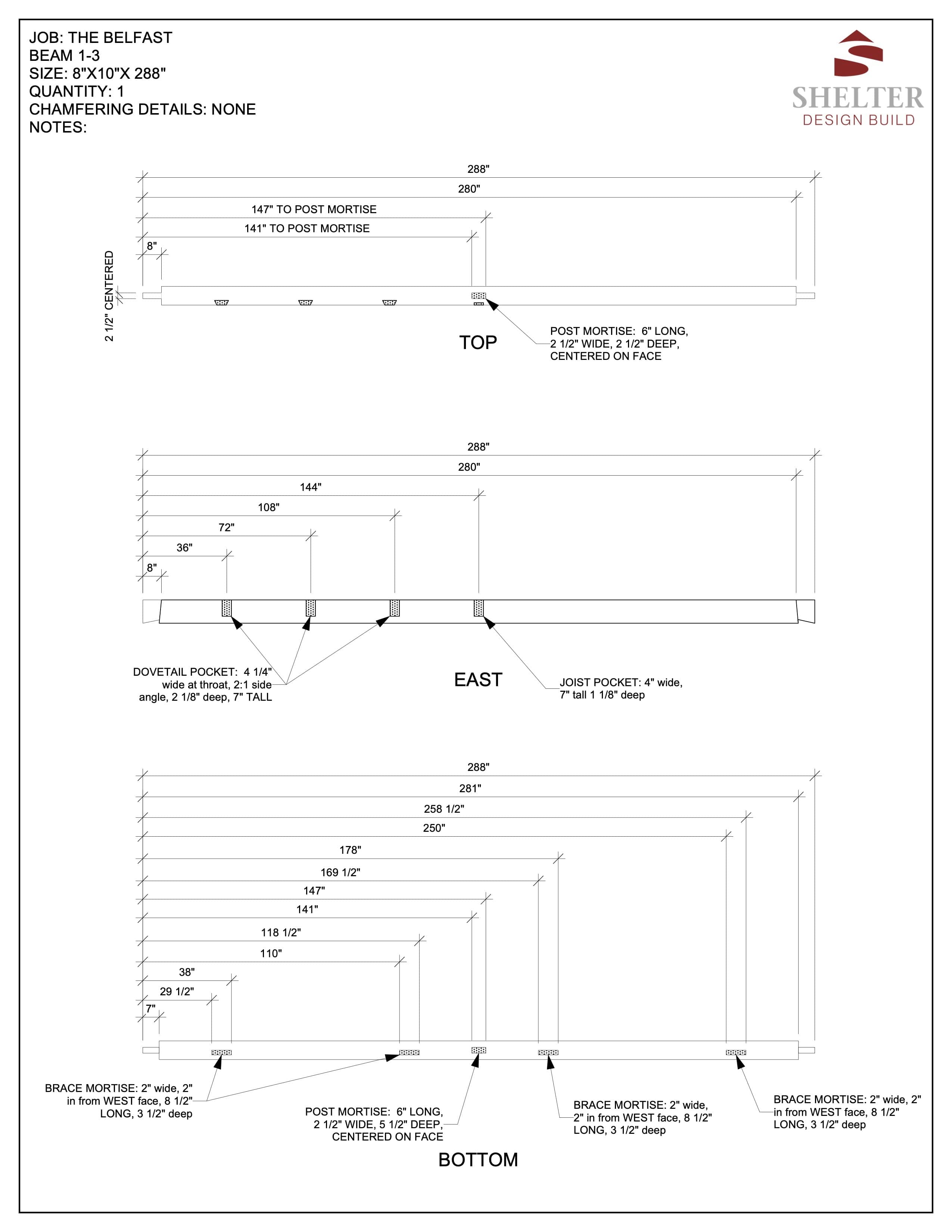 The "The Belfast" project blueprint features the Shelter Institute's Timber Frame Cut Sheet Package 24x36 with 5-Foot Kneewall, offering detailed measurements and notes for timber frame construction.
