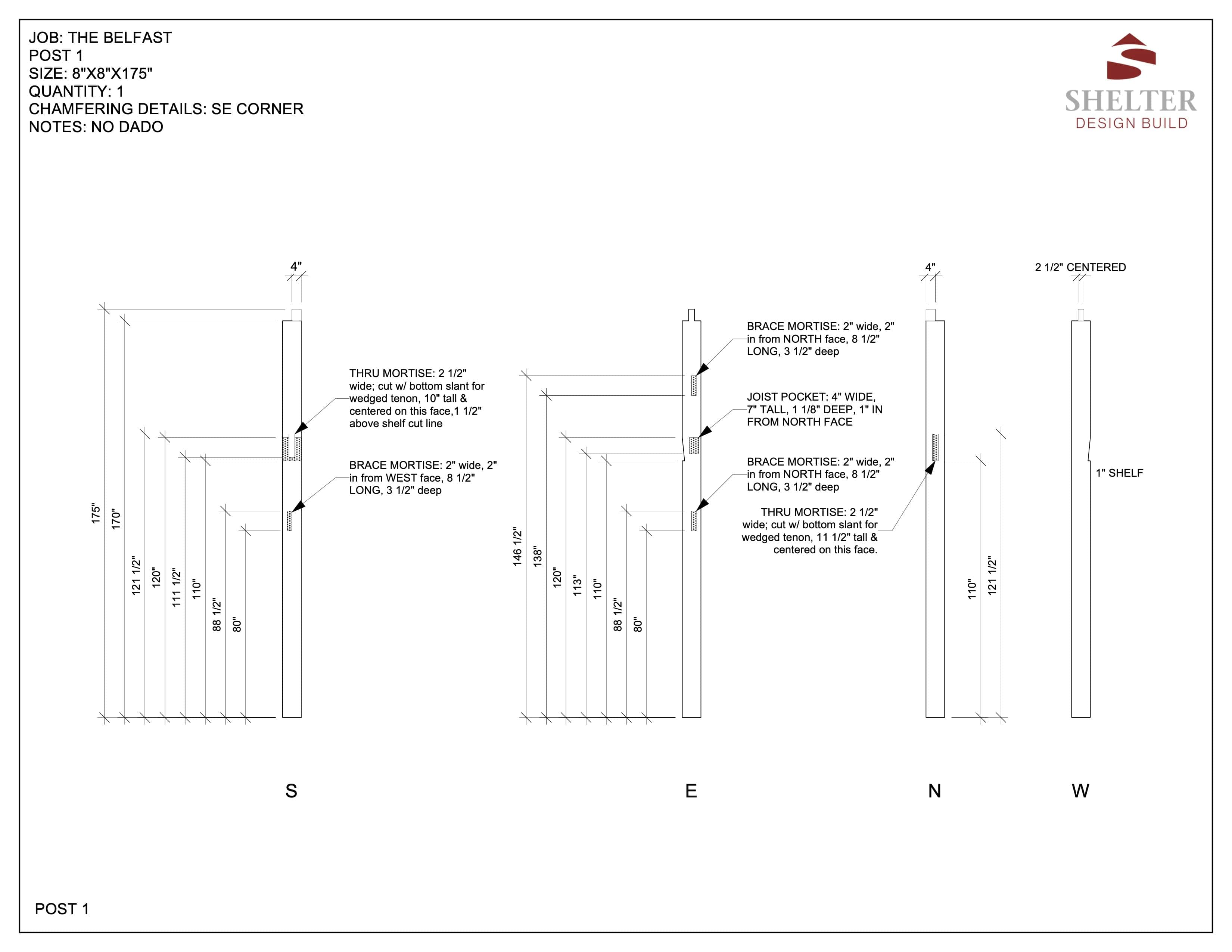 The Timber Frame Cut Sheet Package 24x36 with 5-Foot Kneewall by Shelter Institute details the structure's post dimensions and assembly instructions, emphasizing precise timber frame design with centered mortises and no dado.