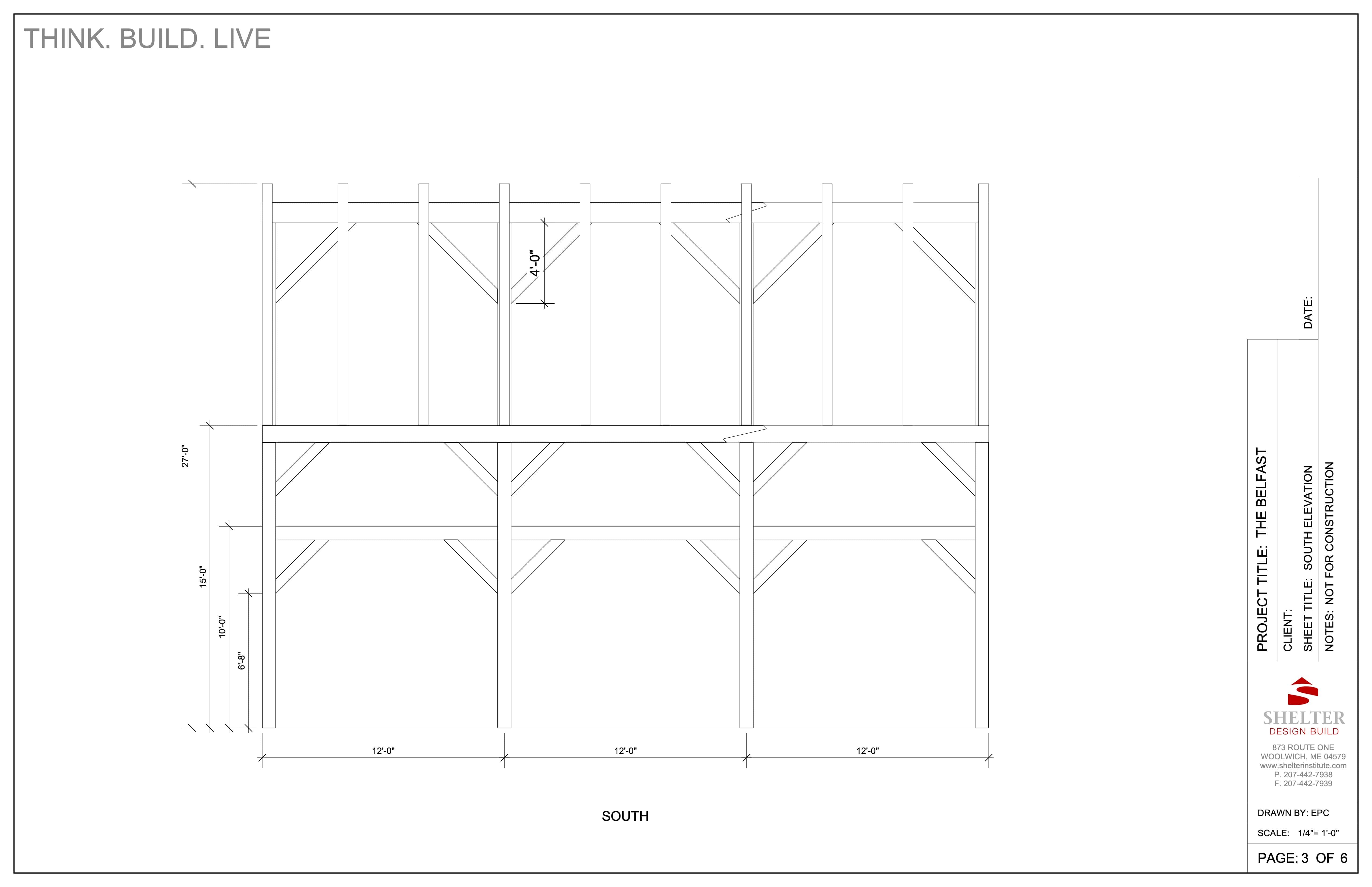The 24x36 Timber Frame Cut Sheet Package from Shelter Institute presents 'THE BELFAST' blueprints, featuring a detailed building frame drawing with precise measurements, structural outlines, and a 'South' elevation showcasing the intricate design with a 5-foot kneewall.