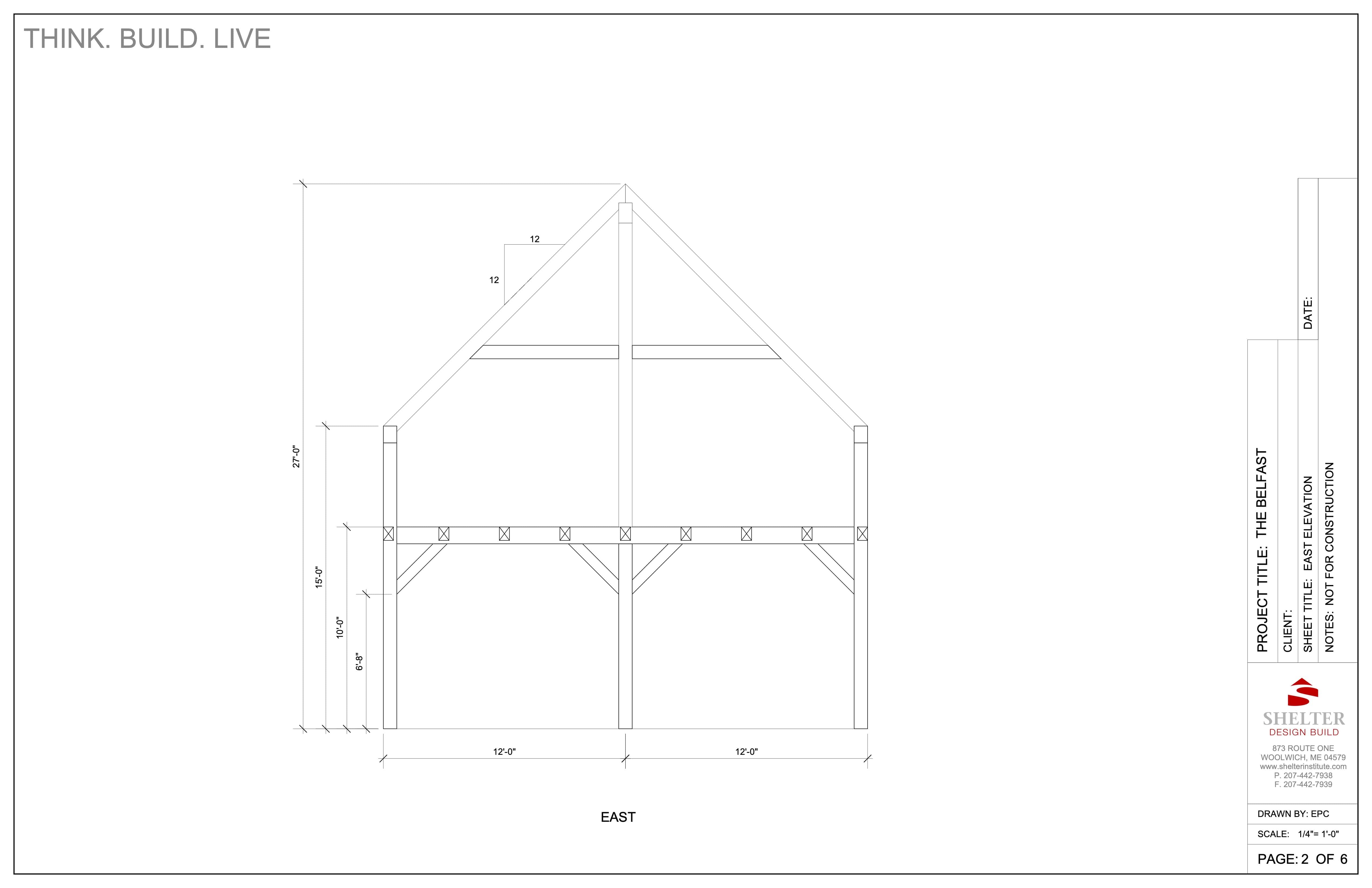 The 24x36 Timber Frame Cut Sheet Package from Shelter Institute features an architectural blueprint showing the east elevation of "The Belfast" with a 5-foot kneewall. It includes grid dimensions and structural details as part of a detailed drawing package.