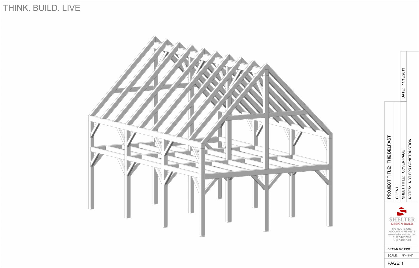 The Timber Frame Cut Sheet Package 24x36 with 5-Foot Kneewall from Shelter Institute features an illustration of a timber frame structure with a gabled roof, labeled "The Belfast," displaying construction details and the company logo on the side.