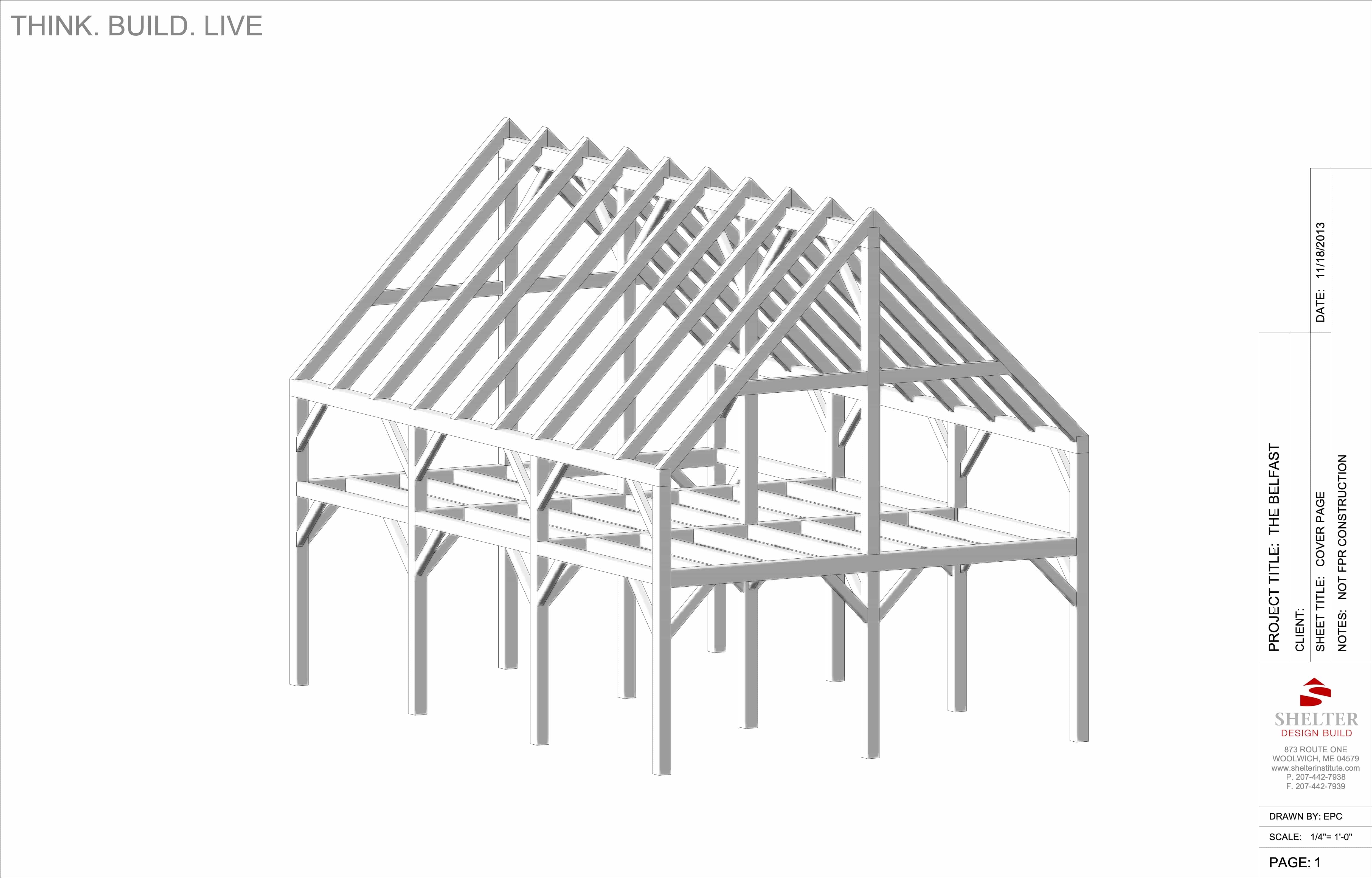 The Timber Frame Cut Sheet Package 24x36 with 5-Foot Kneewall from Shelter Institute features an illustration of a timber frame structure with a gabled roof, labeled "The Belfast," displaying construction details and the company logo on the side.
