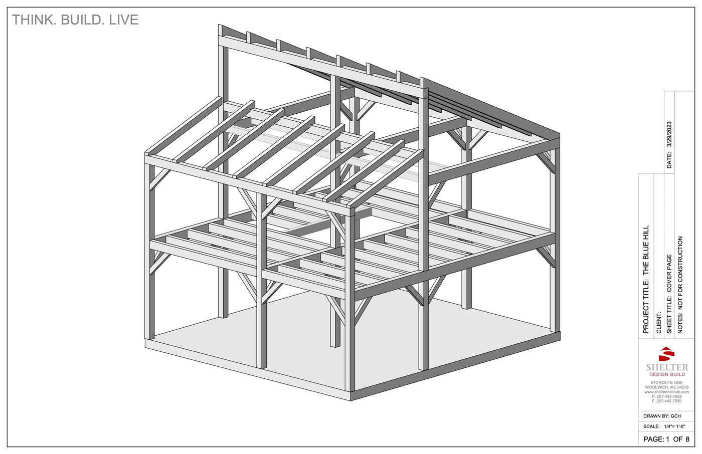 The Timber Frame Cut Sheet Package 28x30 Clerestory by Shelter Institute features a custom two-story design with exquisite visible rafters and beams in the "The Blue Hill" 3D architectural drawing, enhancing the structure's elegance.