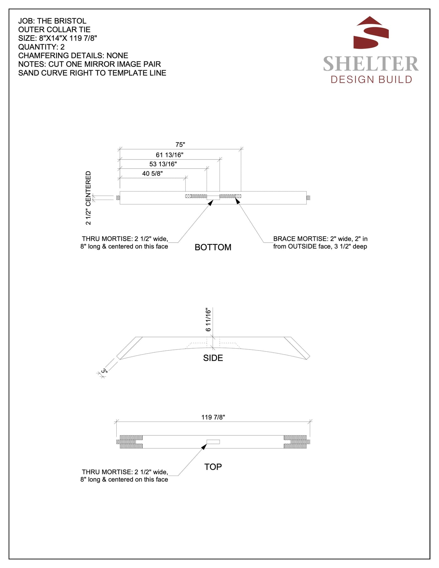 A technical drawing of "The Bristol 20x20 Hammer Beam: Timber Frame Plan & Cut Sheet Package" from Shelter Institute displays a collar tie with dimensions and notes, featuring the Shelter Design Build logo. Engineered plans enhance form and function akin to hammer beam timber frame design.