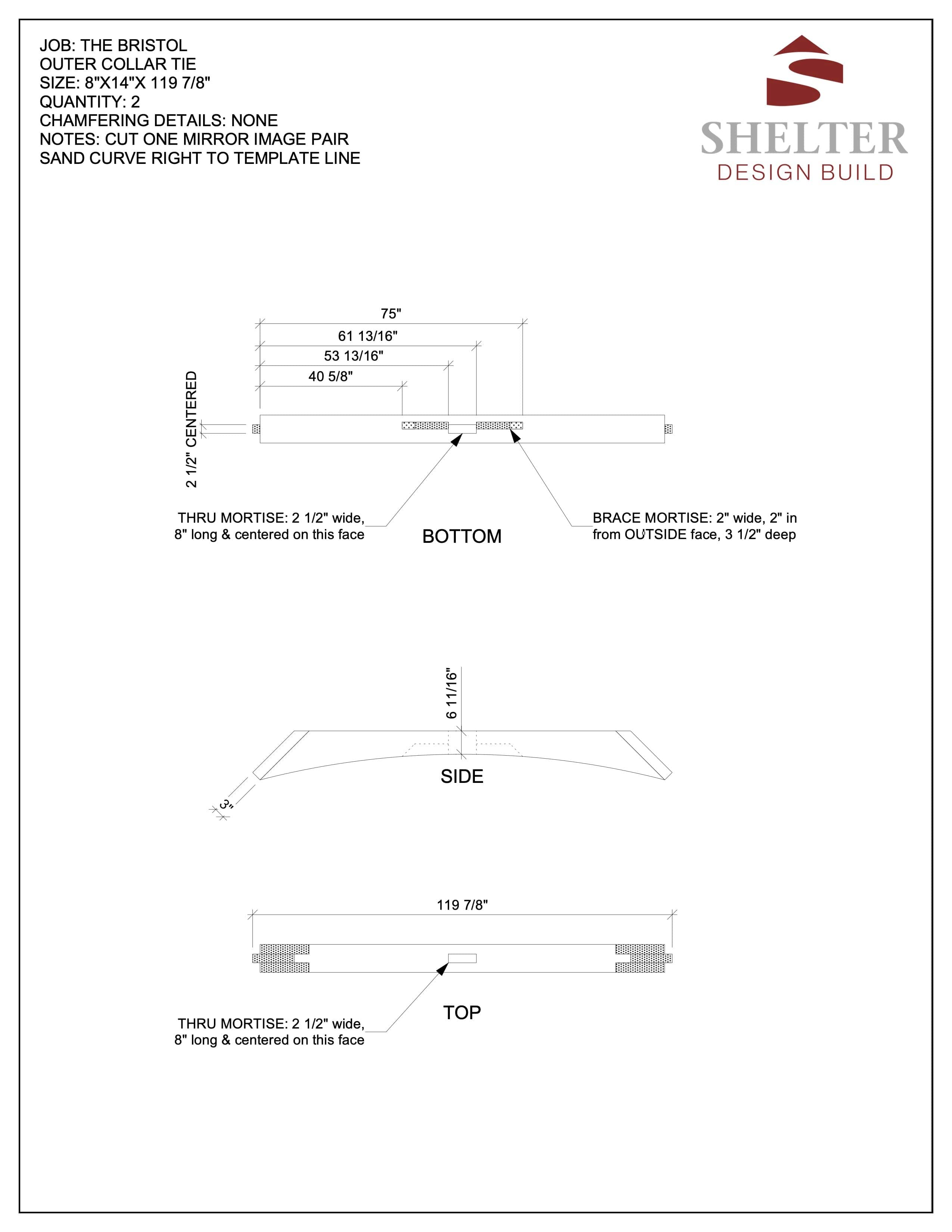 A technical drawing of "The Bristol 20x20 Hammer Beam: Timber Frame Plan & Cut Sheet Package" from Shelter Institute displays a collar tie with dimensions and notes, featuring the Shelter Design Build logo. Engineered plans enhance form and function akin to hammer beam timber frame design.