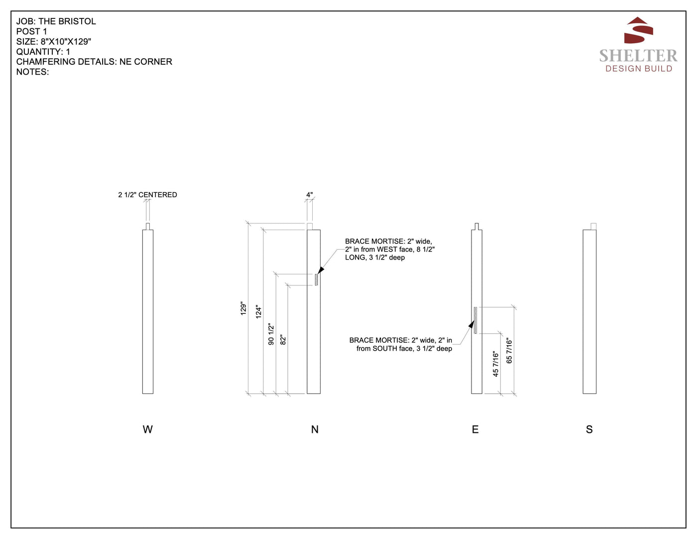 The Bristol 20x20 Hammer Beam Timber Frame Plan & Cut Sheet Package by Shelter Institute includes technical drawings of a post with measurements and brace details, featuring west, north, east, and top views.