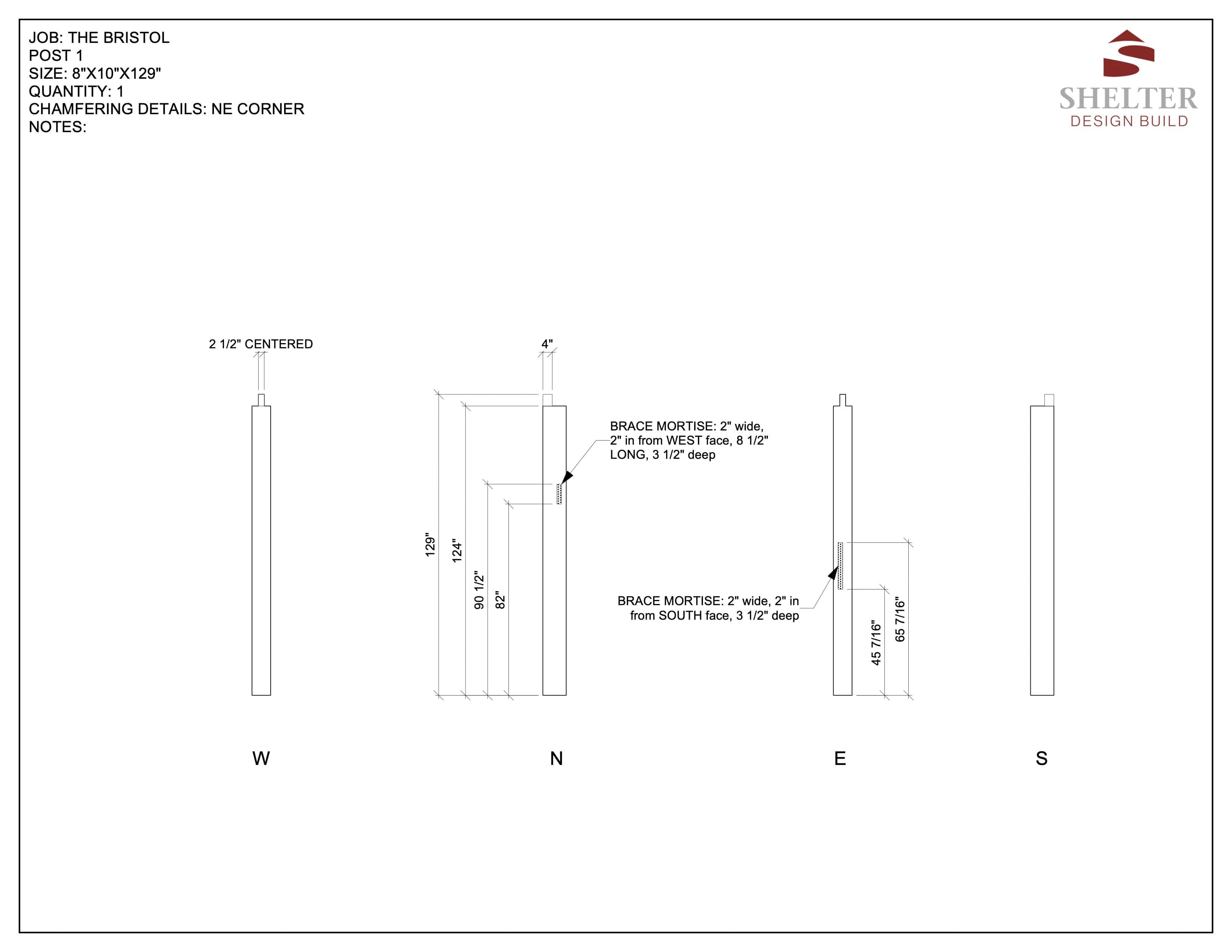 The Bristol 20x20 Hammer Beam Timber Frame Plan & Cut Sheet Package by Shelter Institute includes technical drawings of a post with measurements and brace details, featuring west, north, east, and top views.