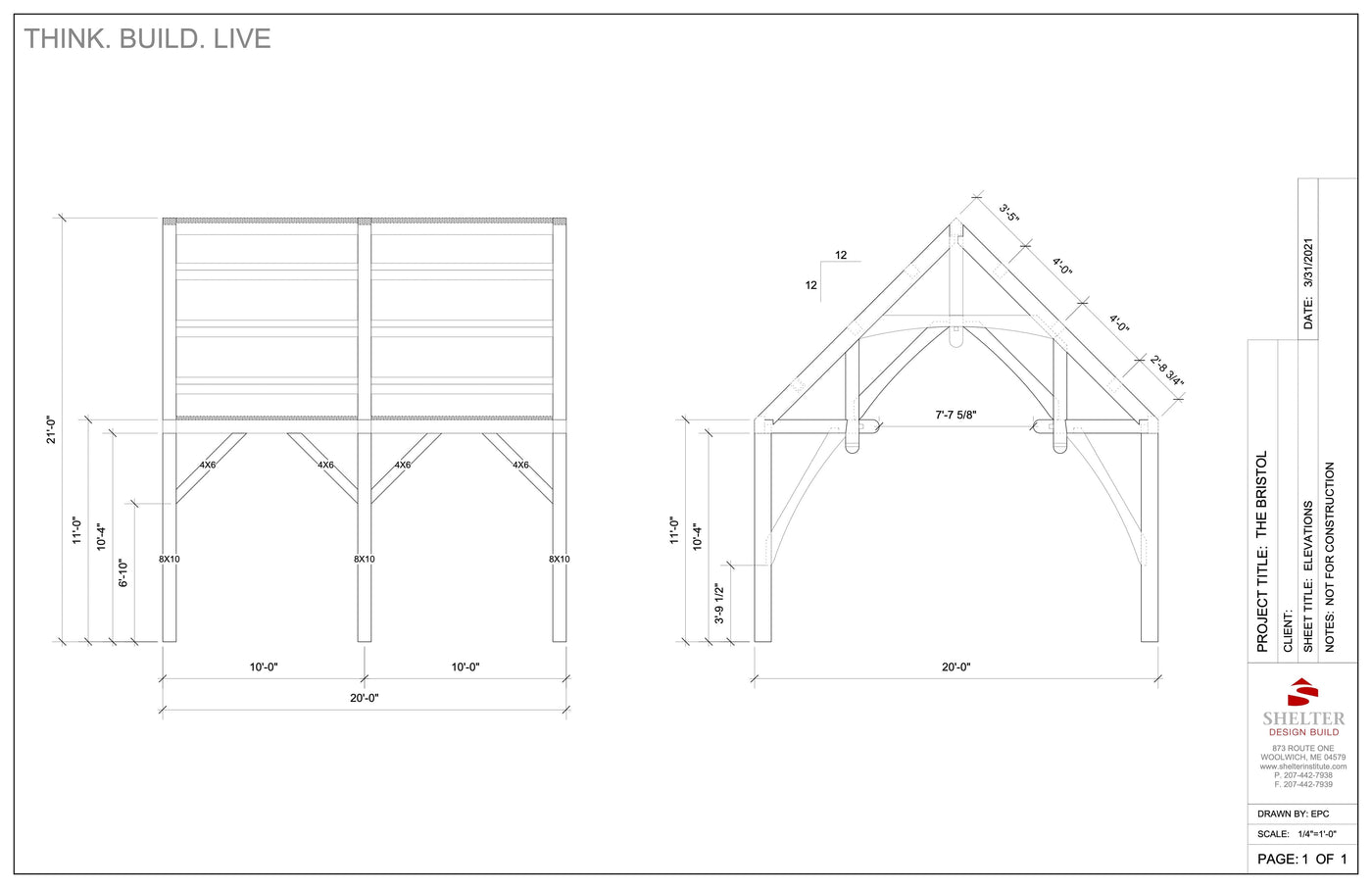 Blueprint illustration of a structure with front and side views featuring "The Bristol 20x20 Hammer Beam: Timber Frame Plan & Cut Sheet Package" by Shelter Institute, showcasing engineered plans and precise measurements.