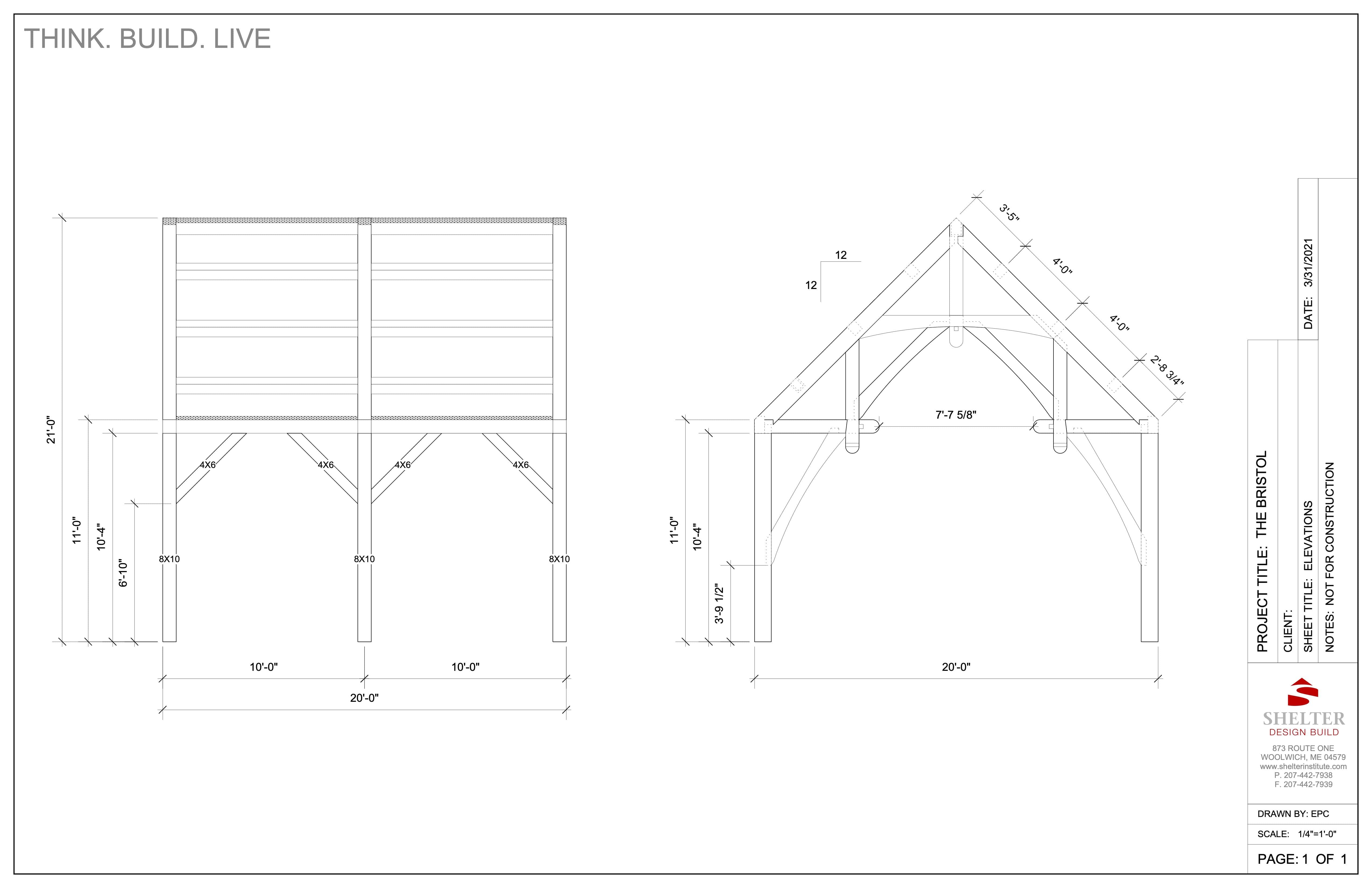 Blueprint illustration of a structure with front and side views featuring "The Bristol 20x20 Hammer Beam: Timber Frame Plan & Cut Sheet Package" by Shelter Institute, showcasing engineered plans and precise measurements.