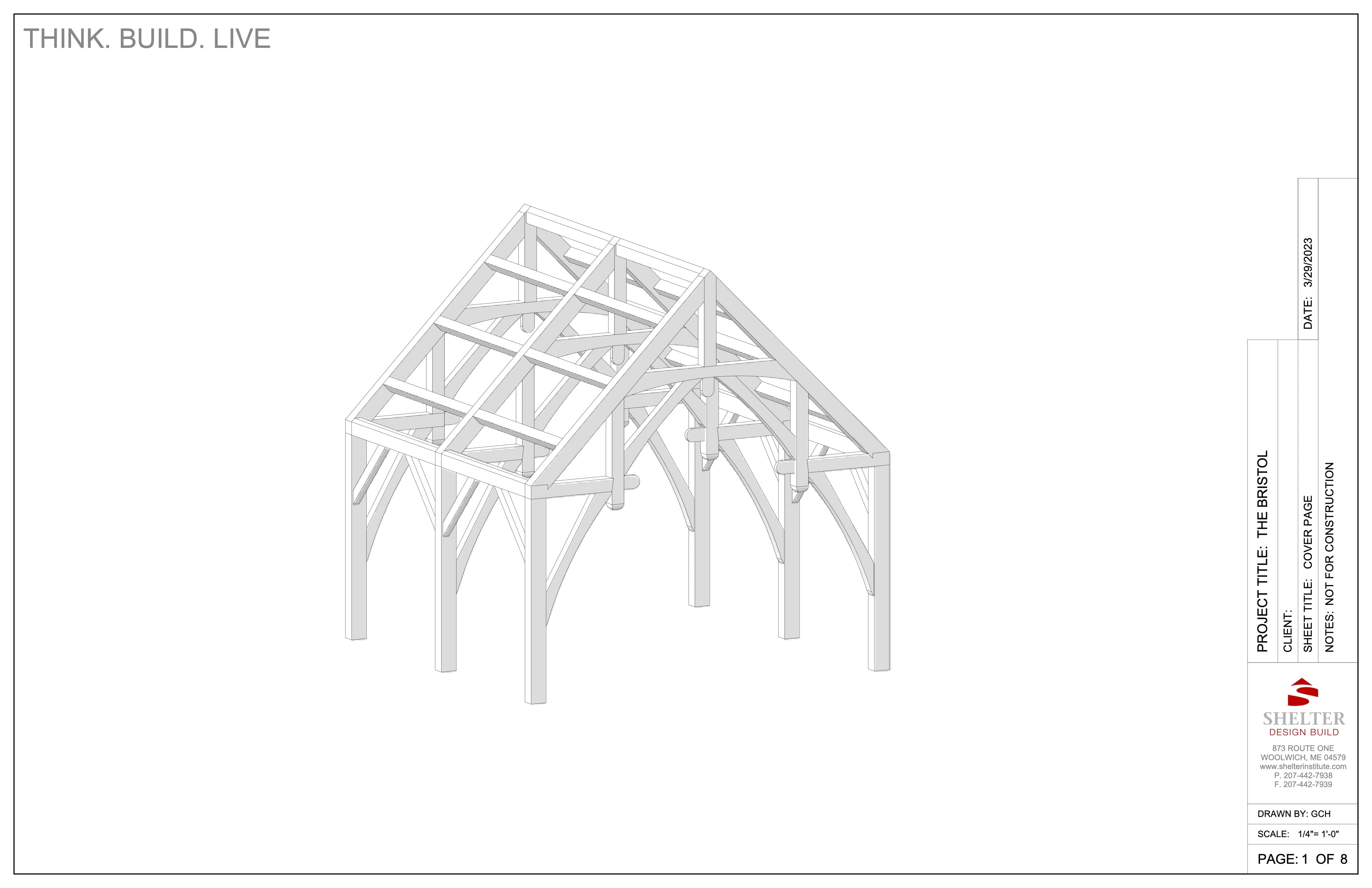 The Bristol 20x20 Hammer Beam plan and cut sheet package by Shelter Institute includes detailed engineered illustrations of the timber frame structure with a gabled roof, featuring essential technical details as part of a building project.