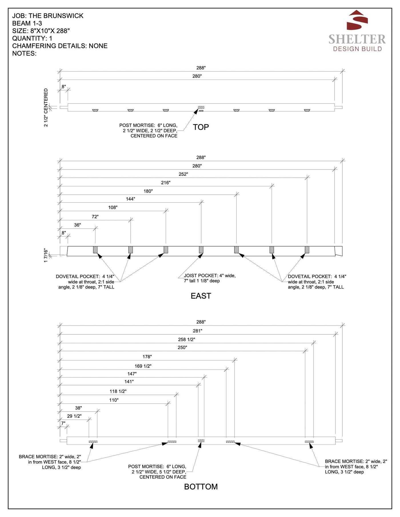 The Brunswick 24x36: Timber Frame Plan & Cut Sheet Package by Shelter Institute showcases architectural blueprints with top, east, and bottom views, detailed with measurements, post and brace mortise notes, reflecting the brand's dedication to custom design excellence.