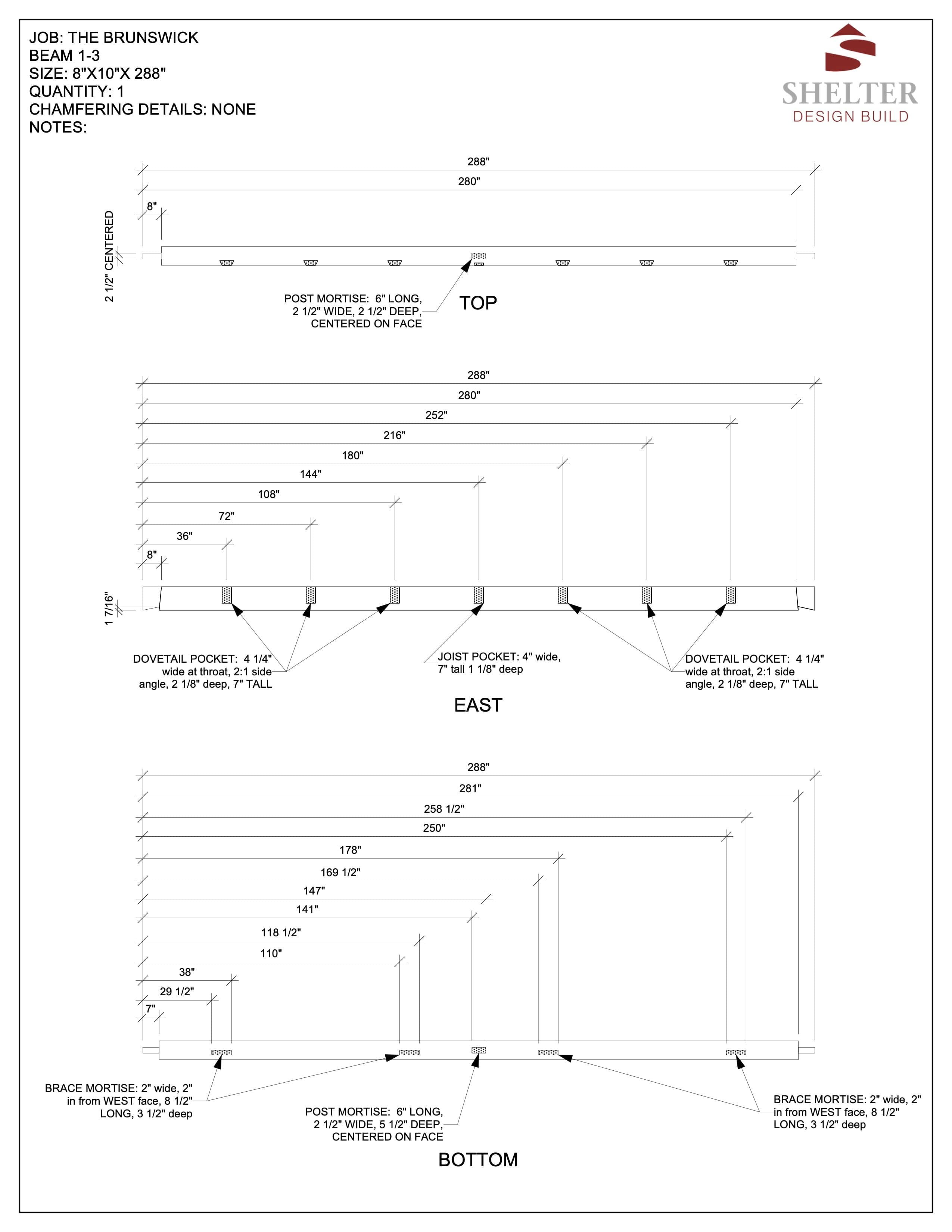 The Brunswick 24x36: Timber Frame Plan & Cut Sheet Package by Shelter Institute showcases architectural blueprints with top, east, and bottom views, detailed with measurements, post and brace mortise notes, reflecting the brand's dedication to custom design excellence.