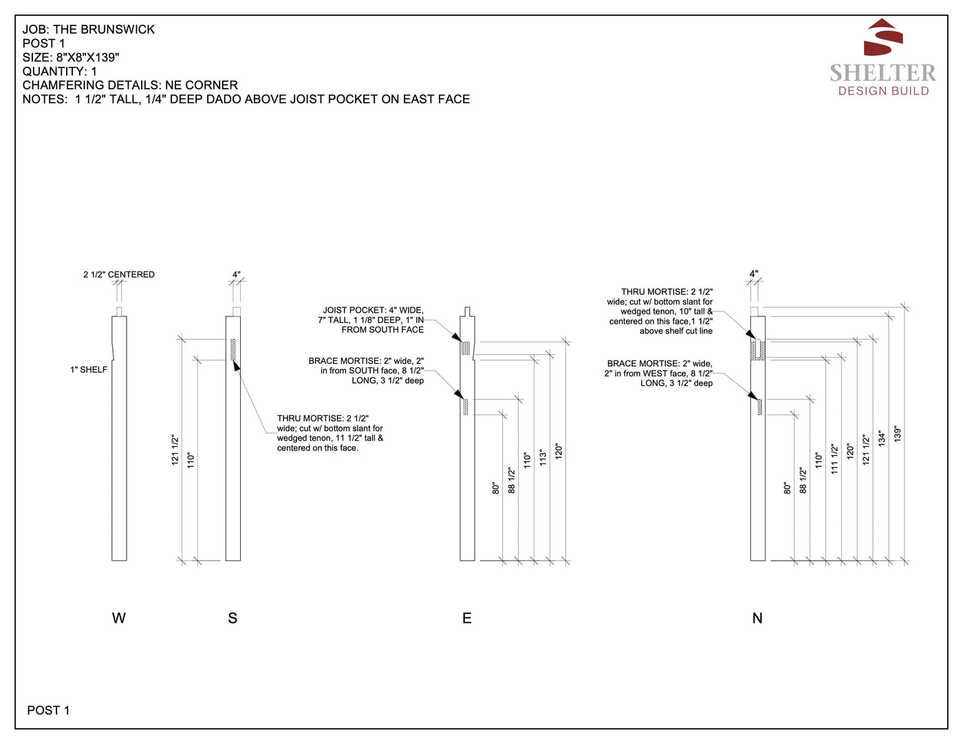 The Brunswick 24x36 Timber Frame Plan & Cut Sheet Package by Shelter Institute provides an architectural diagram of shaft construction details. It features dimensions, labels, joist pocket measurements, and dado specifications on the east face for a custom timber frame design.