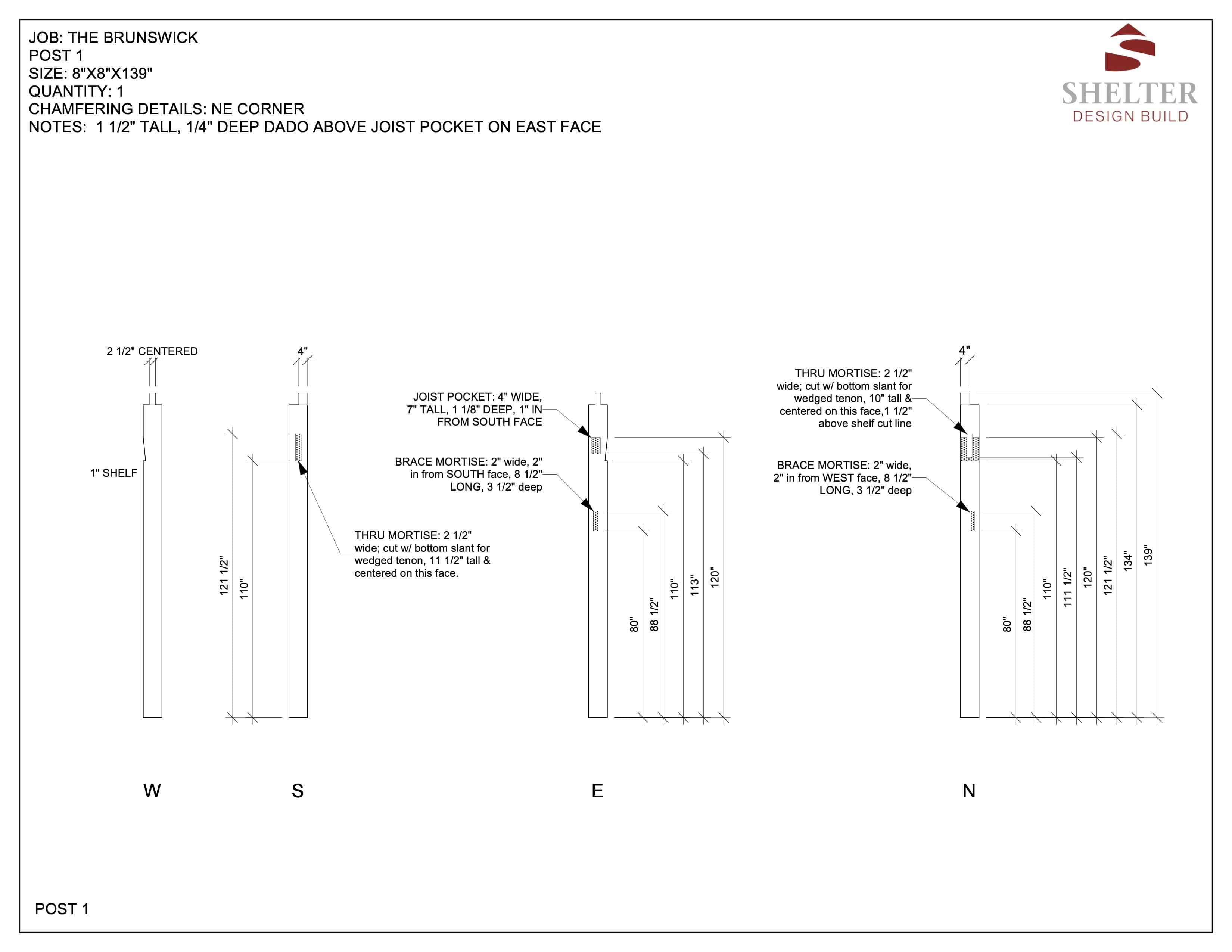 The Brunswick 24x36 Timber Frame Plan & Cut Sheet Package by Shelter Institute provides an architectural diagram of shaft construction details. It features dimensions, labels, joist pocket measurements, and dado specifications on the east face for a custom timber frame design.