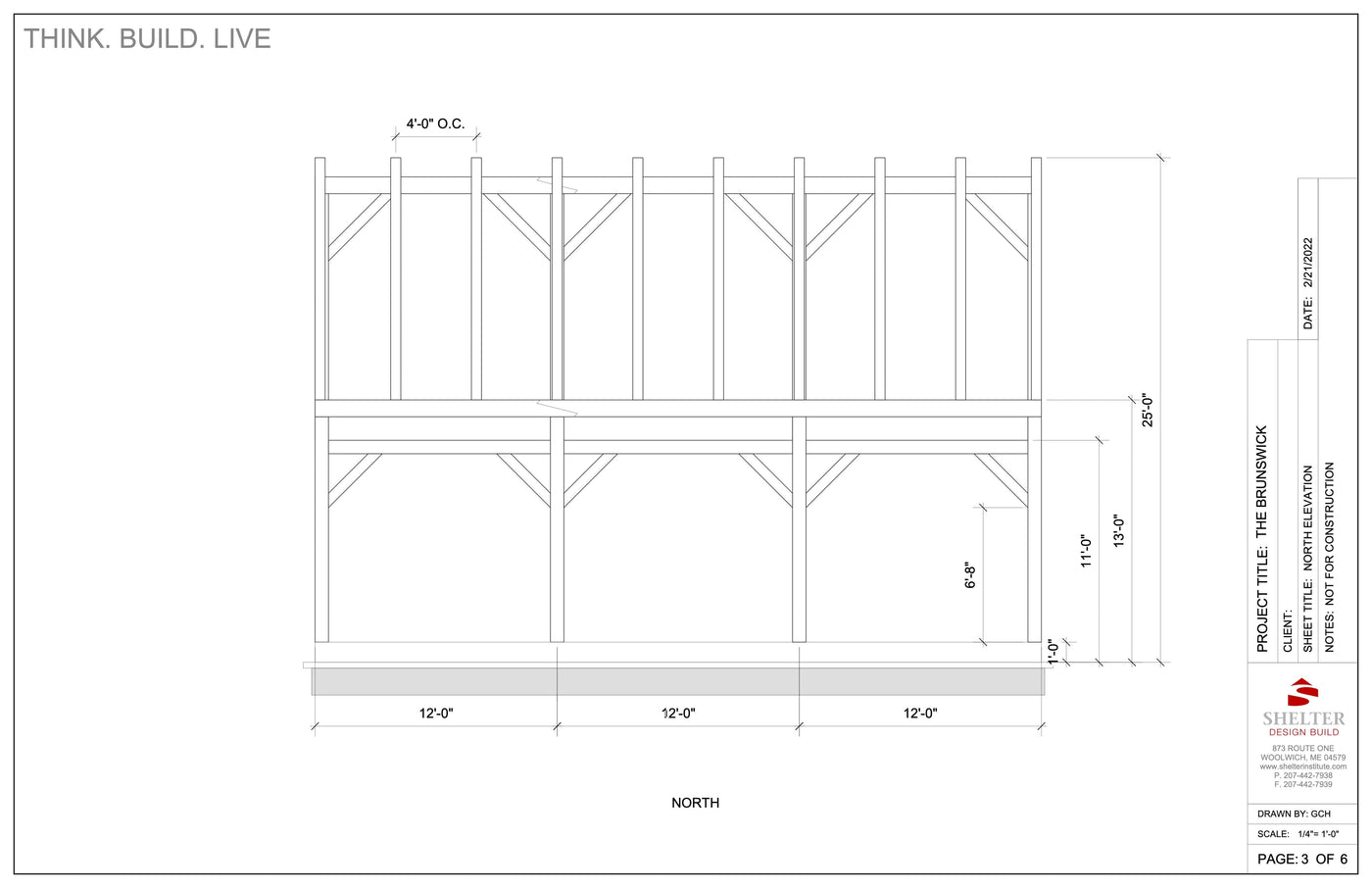 Architectural drawing titled "The Brunswick 24x36: Timber Frame Plan & Cut Sheet Package" by Shelter Institute, showcasing timber frame dimensions and framework details.