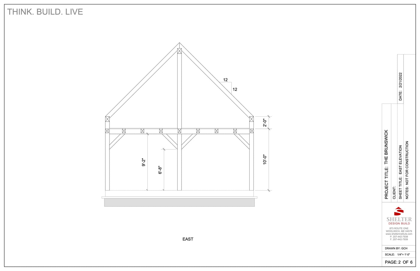 The Brunswick 24x36: Timber Frame Plan & Cut Sheet Package by Shelter Institute features an east elevation architectural drawing of a custom design timber frame structure, with dimensions and notes.