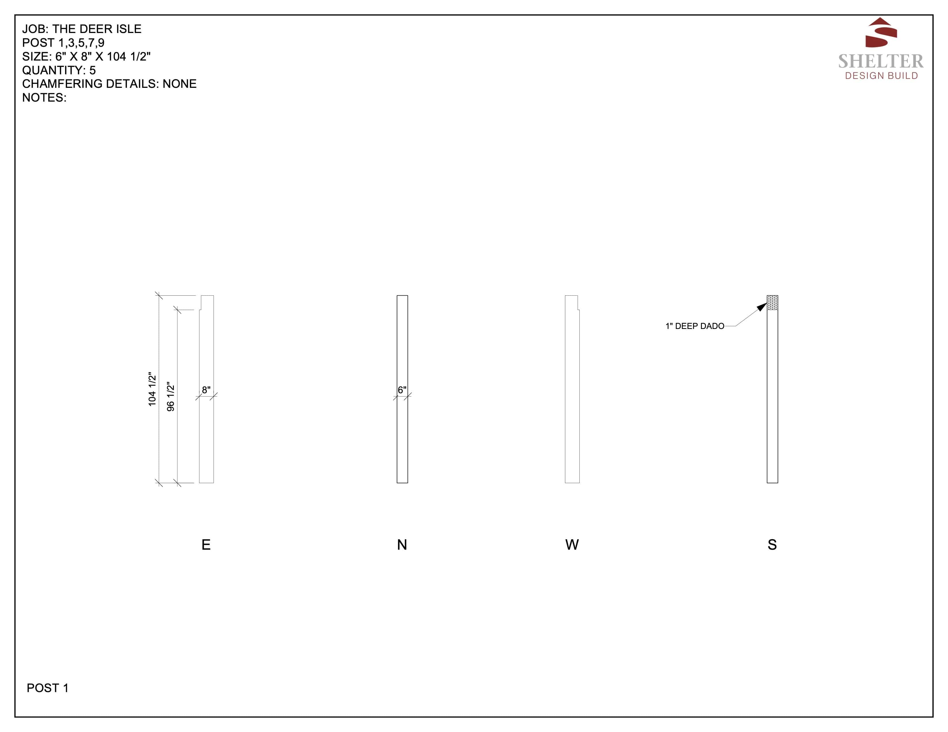 Technical drawing of a post from The Deer Isle 16x32: Timber Frame Plan & Cut Sheet Package by Shelter Institute, showing four side views with measurements and a 1" deep dado note; Shelter Institute logo in the top right corner.