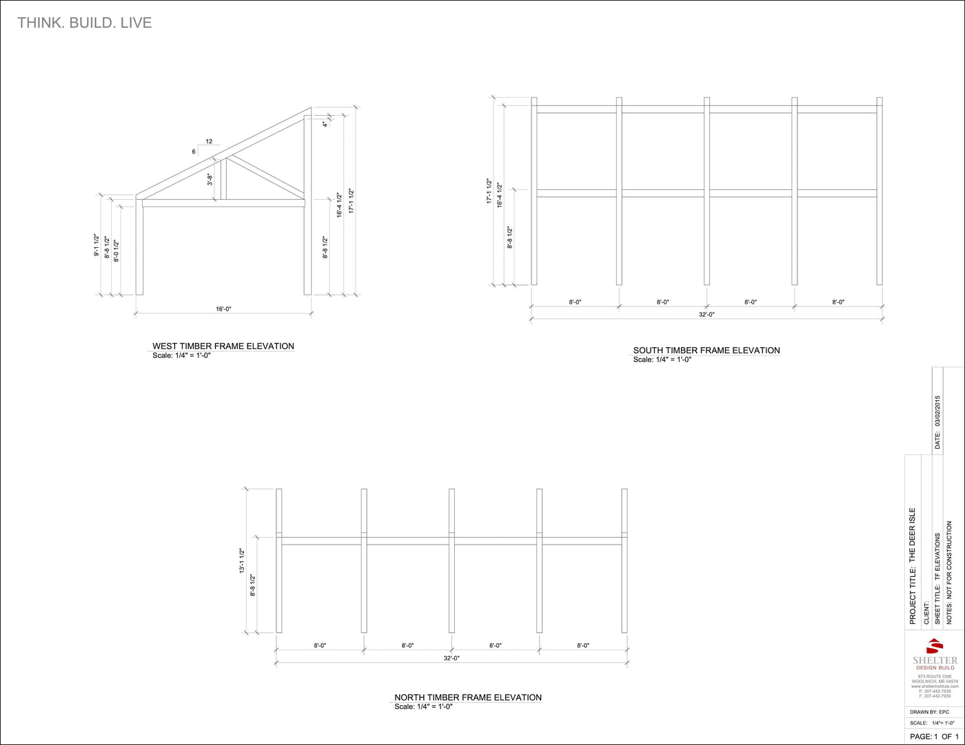 Architectural drawing of The Deer Isle 16x32: Timber Frame Plan & Cut Sheet Package by Shelter Institute shows west, south, and north frame elevations with detailed measurements. Title and company logo are in the margins.