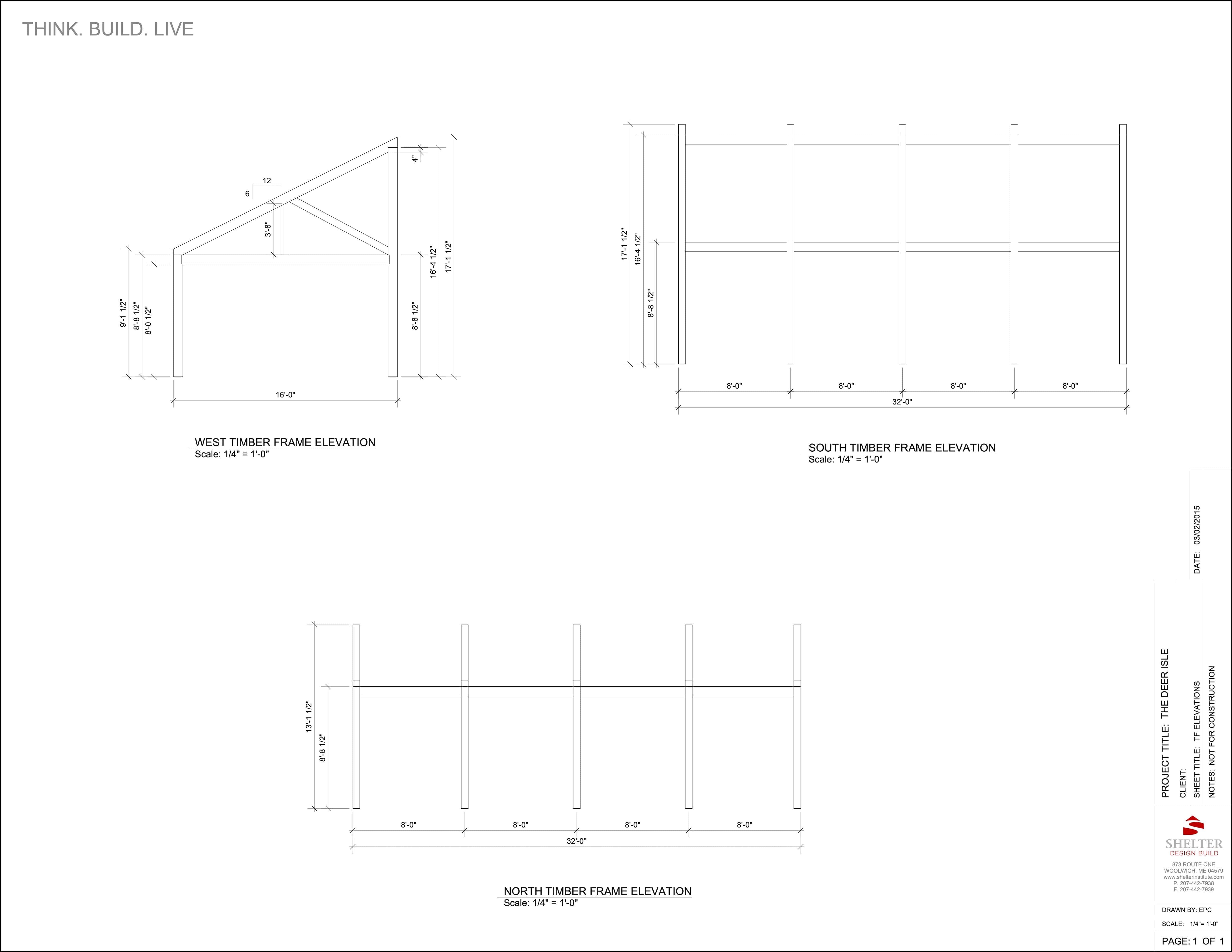 Architectural drawing of The Deer Isle 16x32: Timber Frame Plan & Cut Sheet Package by Shelter Institute shows west, south, and north frame elevations with detailed measurements. Title and company logo are in the margins.