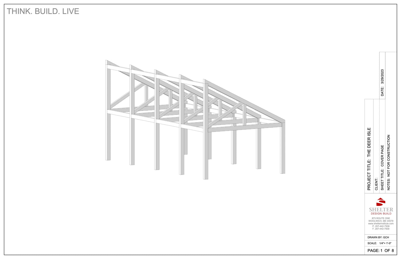 A minimalist architectural drawing of a shed-style structure, labeled as The Deer Isle 16x32: Timber Frame Plan & Cut Sheet Package by Shelter Institute, features steel frame, slanted roof beams, columns, and detailed plans on the right.