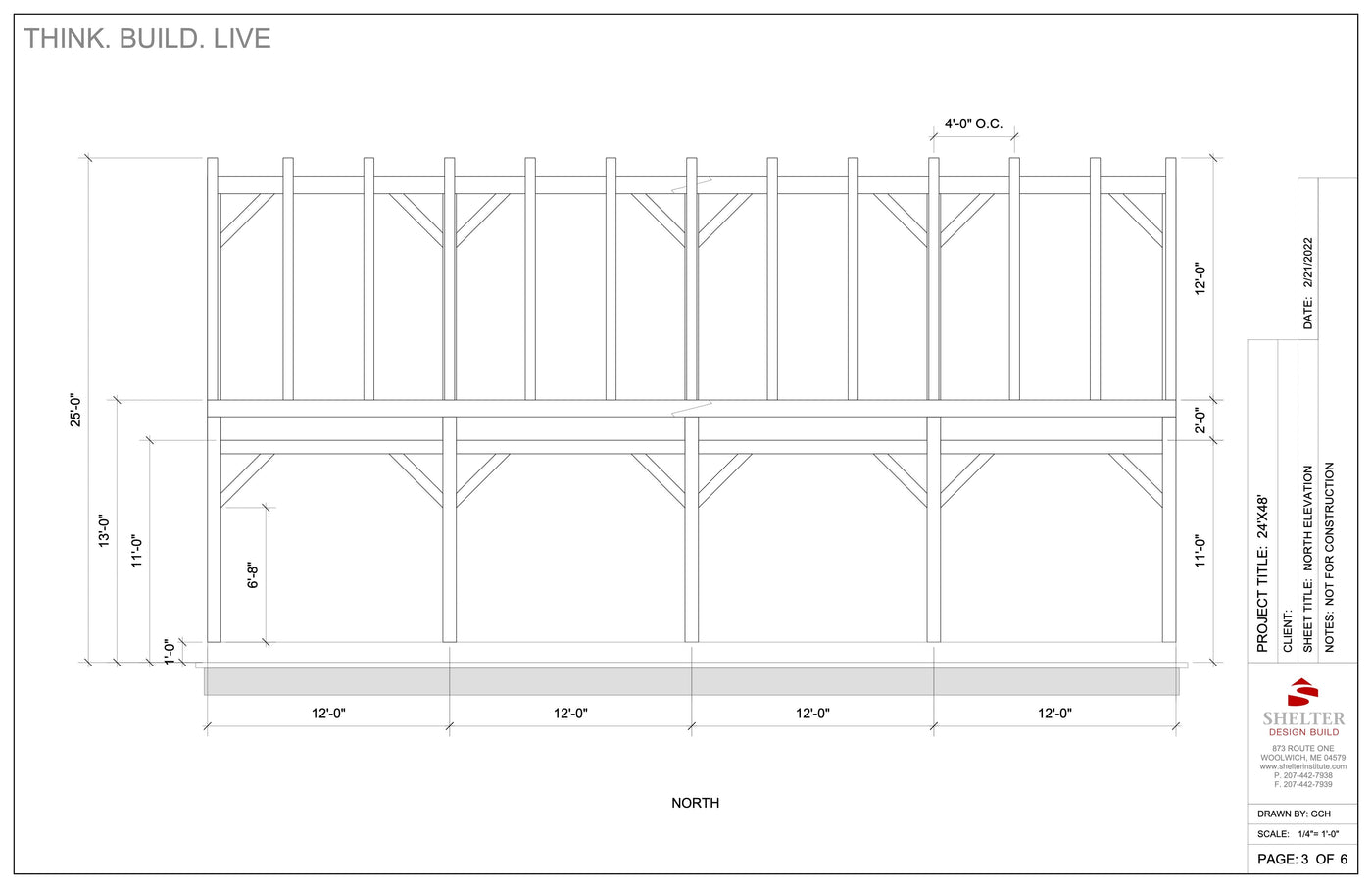 The Timber Frame Cut Sheet Package 24 x 48 Stable Gable by Shelter Institute features a blueprint of the front elevation with support beams and a Hennin Kit Frame. It includes dimensions, title block, and design details like labeled scarf-joint connections for construction.