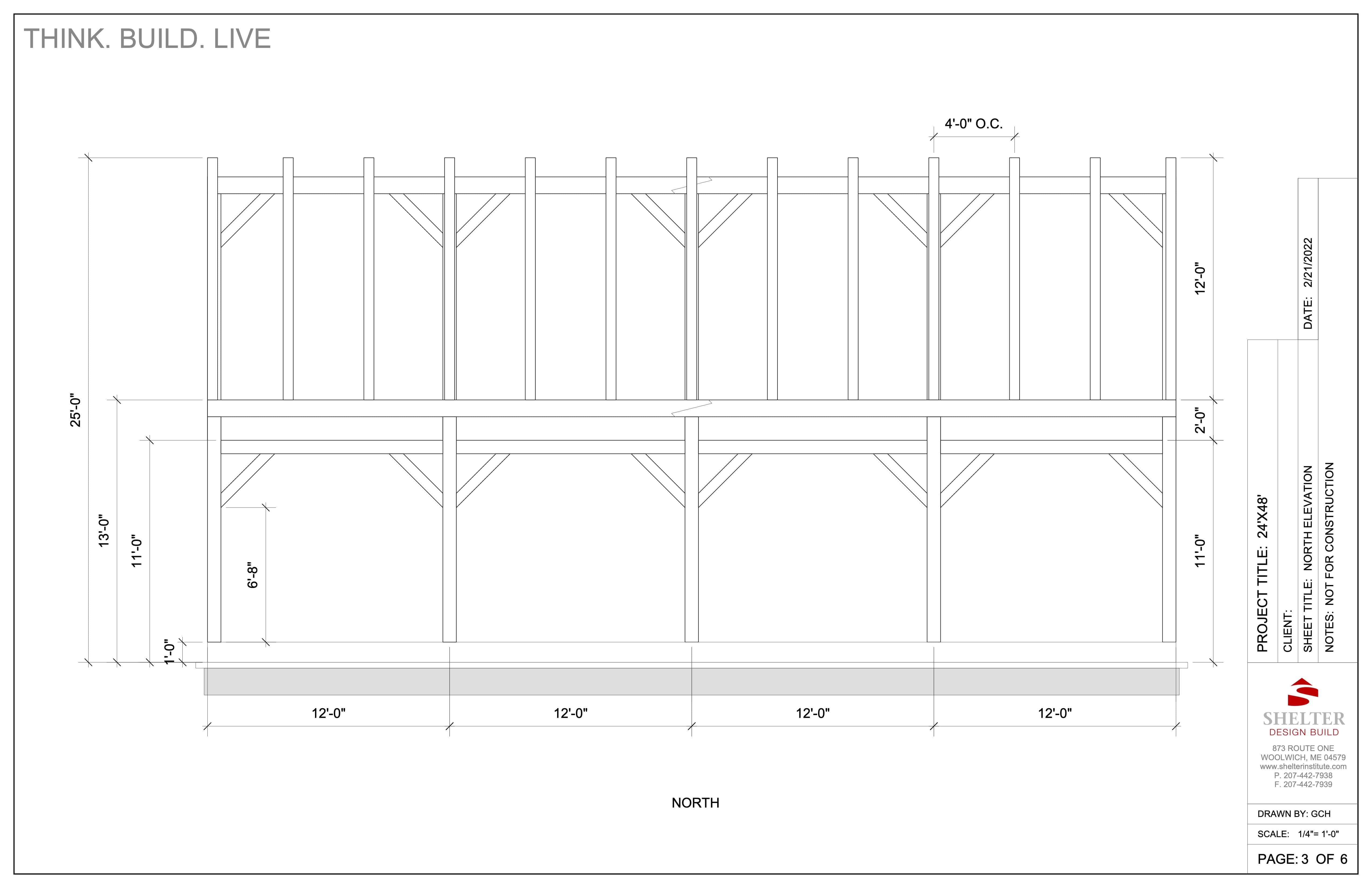 The Timber Frame Cut Sheet Package 24 x 48 Stable Gable by Shelter Institute features a blueprint of the front elevation with support beams and a Hennin Kit Frame. It includes dimensions, title block, and design details like labeled scarf-joint connections for construction.