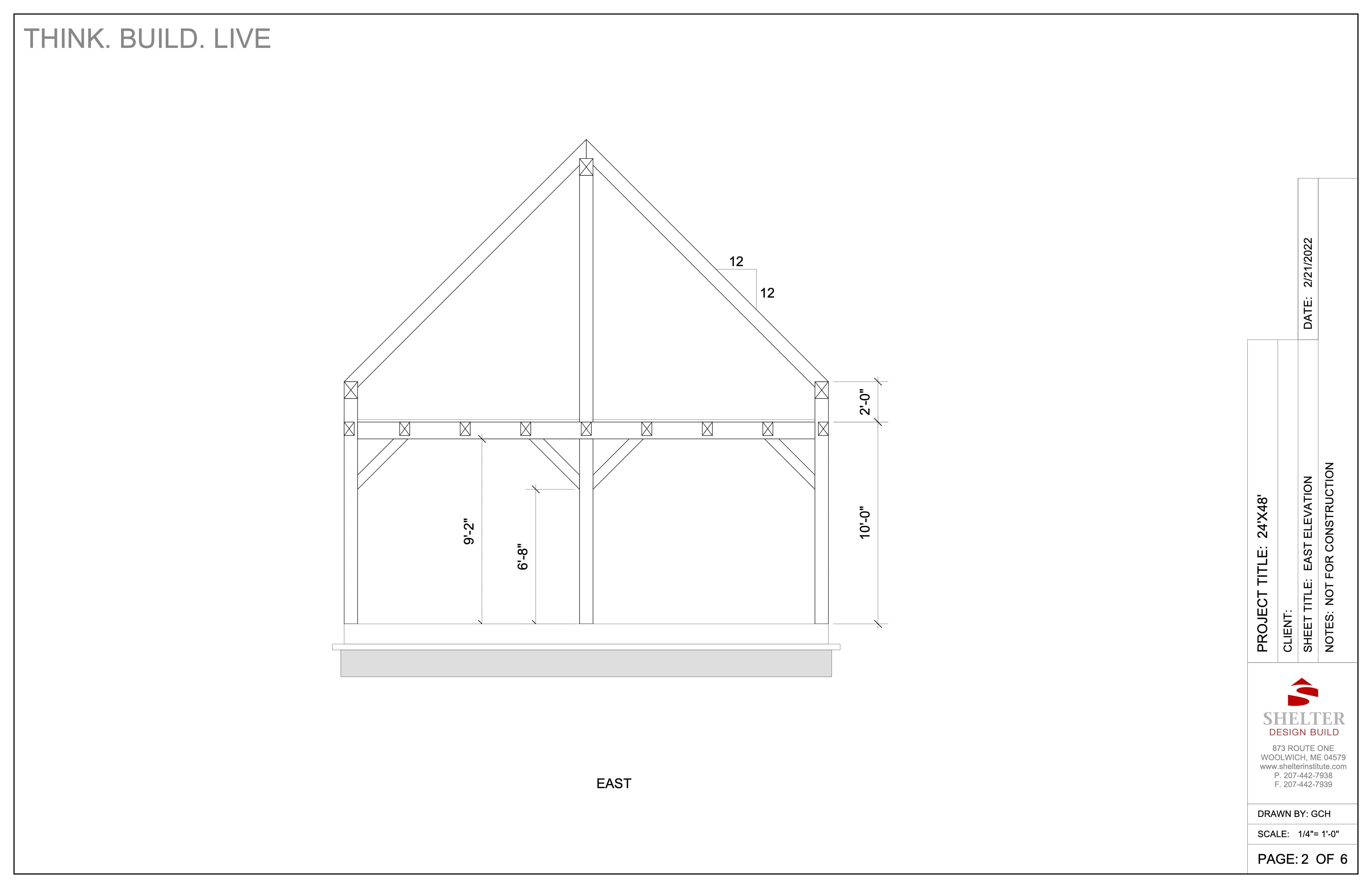 Blueprint of "East" marked Timber Frame Cut Sheet Package 24 x 48 Stable Gable uses Eastern White Pine, dimensions 6'5" W x 19'7" H, crafted with scarf-joint technique. Project details dated 7/3/2023 and notes for the Hennin Kit Frame are in the margin. Brand: Shelter Institute.
