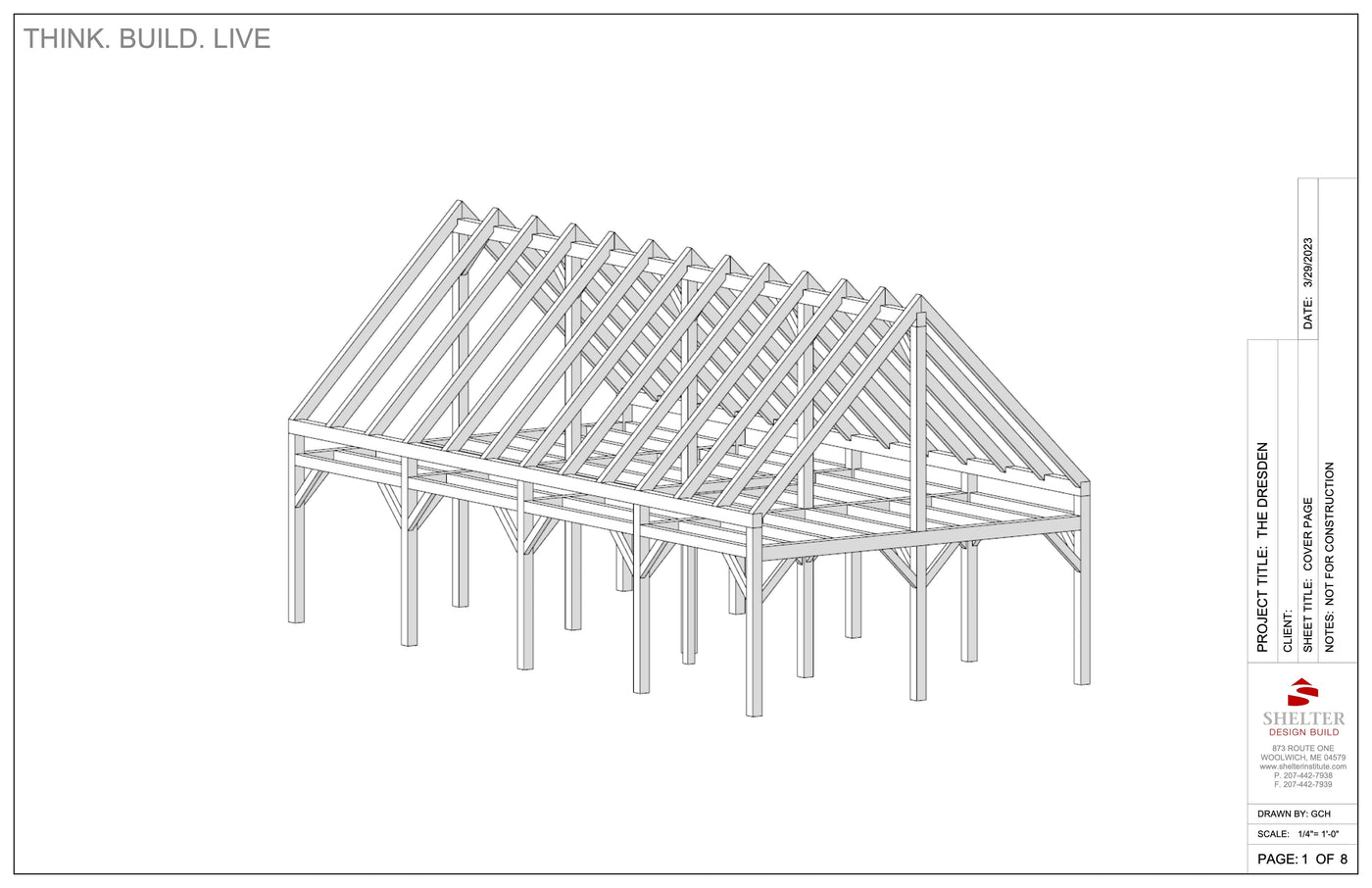 The Timber Frame Cut Sheet Package 24 x 48 Stable Gable by Shelter Institute features an isometric blueprint of a wood frame building with a gabled roof, detailing 16 Eastern White Pine posts and beams connected using scarf-joints.