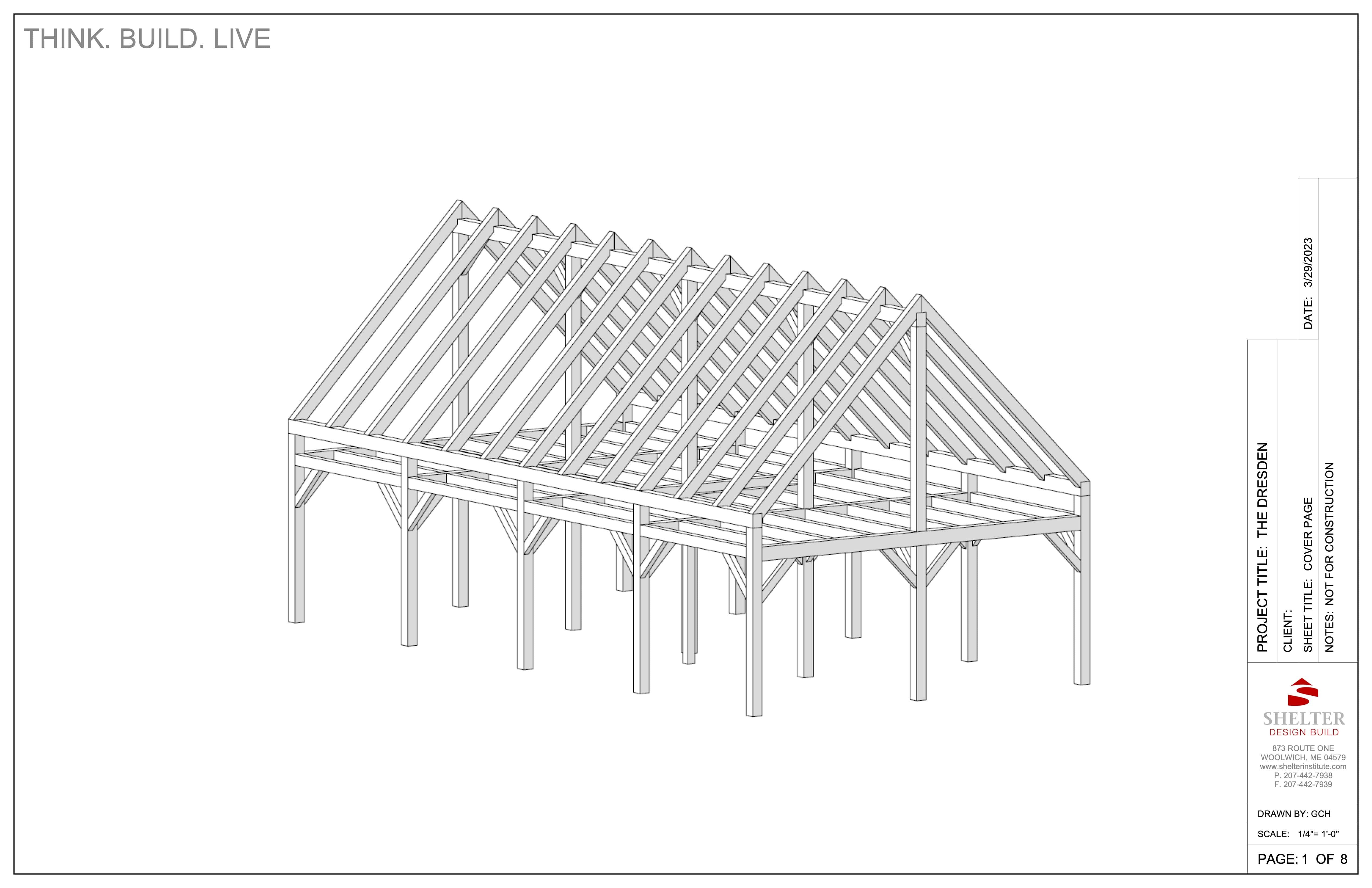 The Timber Frame Cut Sheet Package 24 x 48 Stable Gable by Shelter Institute features an isometric blueprint of a wood frame building with a gabled roof, detailing 16 Eastern White Pine posts and beams connected using scarf-joints.